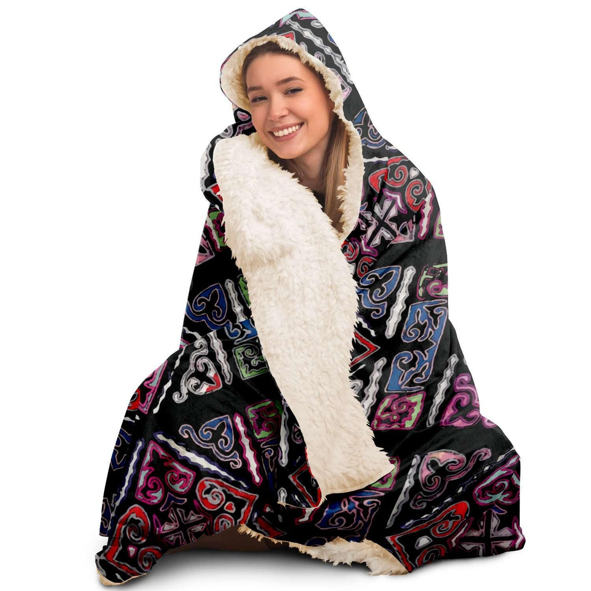 Sherpa Hooded Blanket, Miao Culture Antique, Traditional Design