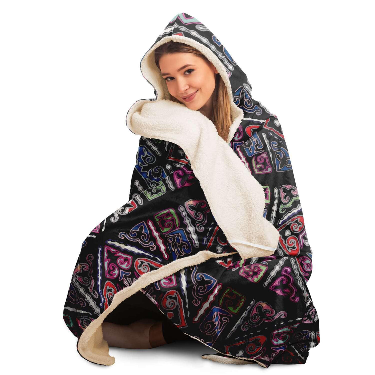 Sherpa Hooded Blanket, Miao Culture Antique, Traditional Design