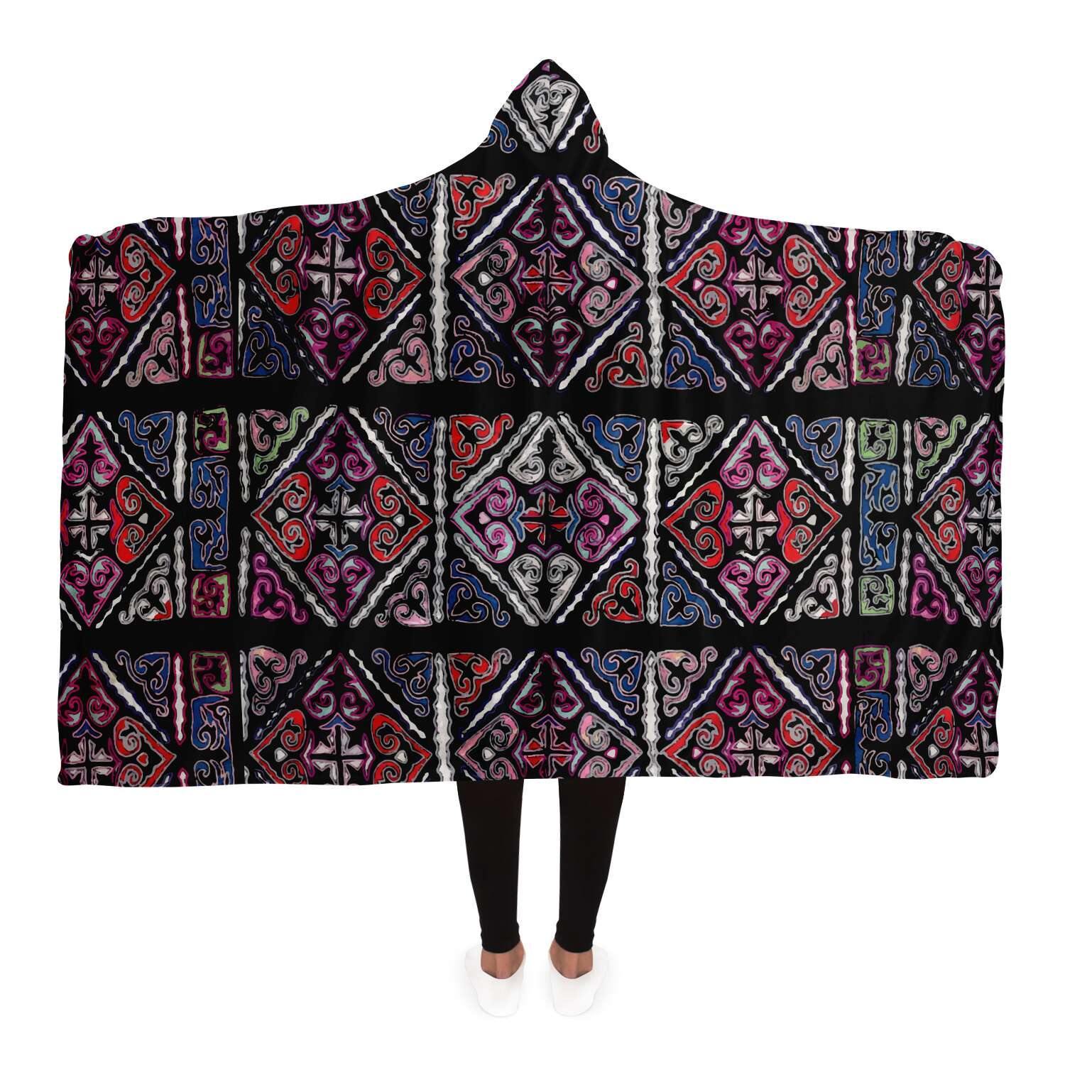 Sherpa Hooded Blanket, Miao Culture Antique, Traditional Design