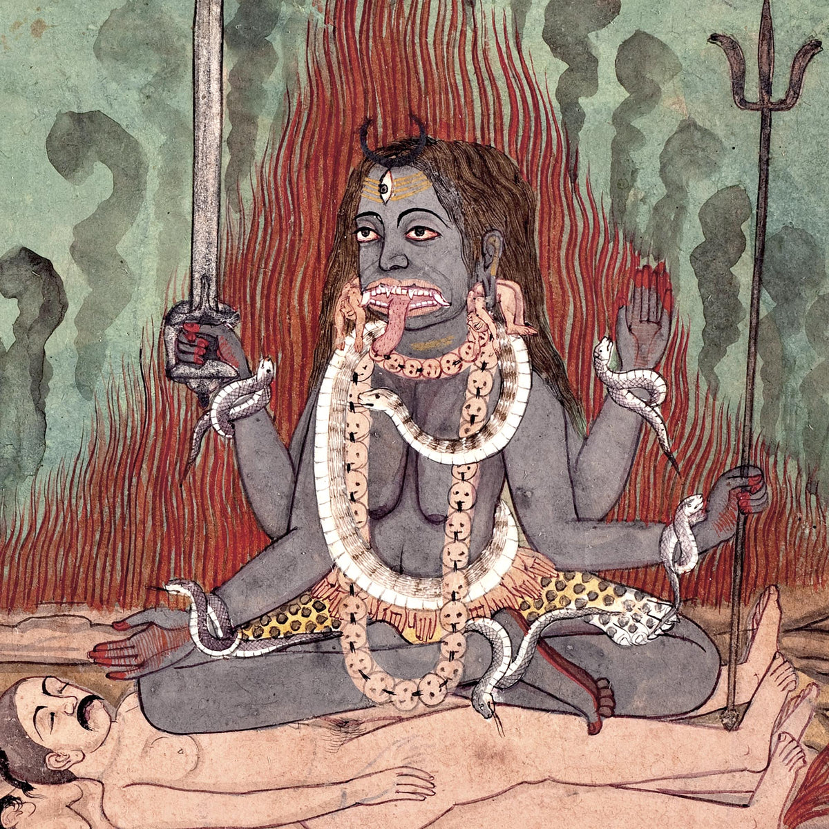 Shiva, Vishnu, and Brahma Adoring Kali (Detail) | Indian Folk Mythology | Chakras Kundalini Bhakti Devotion | Basholi-Style Fine Art Print
