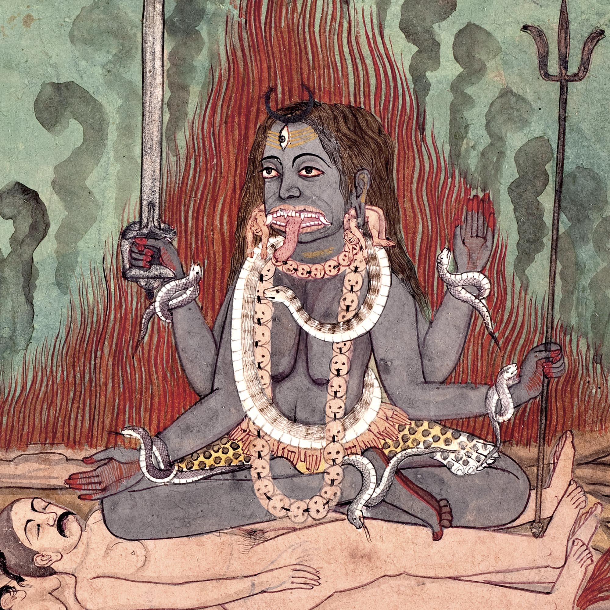 Fine art 8"x6" Shiva, Vishnu, and Brahma Adoring Kali (Detail) | Indian Folk Mythology | Chakras Kundalini Bhakti Devotion | Basholi-Style Fine Art Print