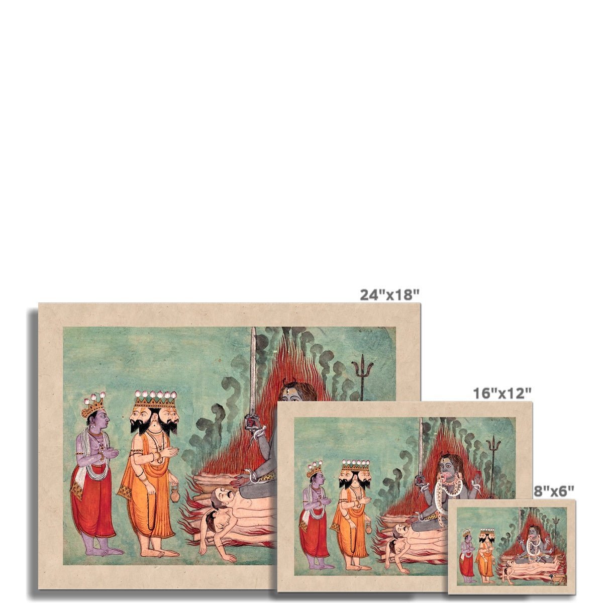 Fine art Shiva, Vishnu, and Brahma Adoring Kali (Detail) | Indian Folk Mythology | Chakras Kundalini Bhakti Devotion | Basholi-Style Fine Art Print