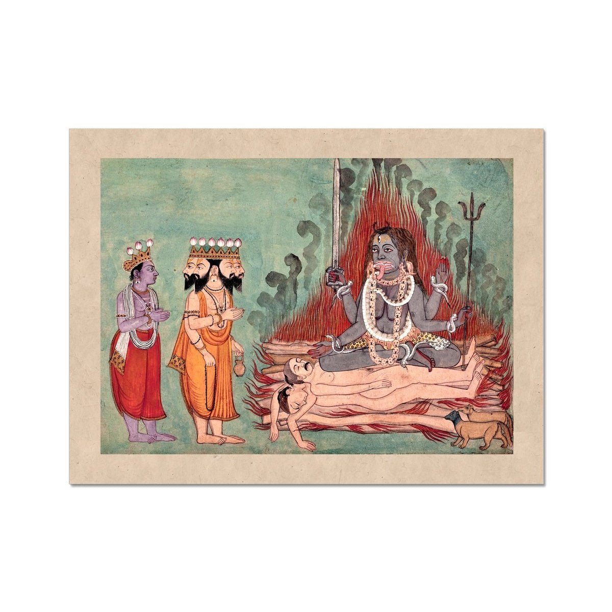 Shiva, Vishnu, and Brahma Adoring Kali (Detail) | Indian Folk Mythology | Chakras Kundalini Bhakti Devotion | Basholi-Style Fine Art Print