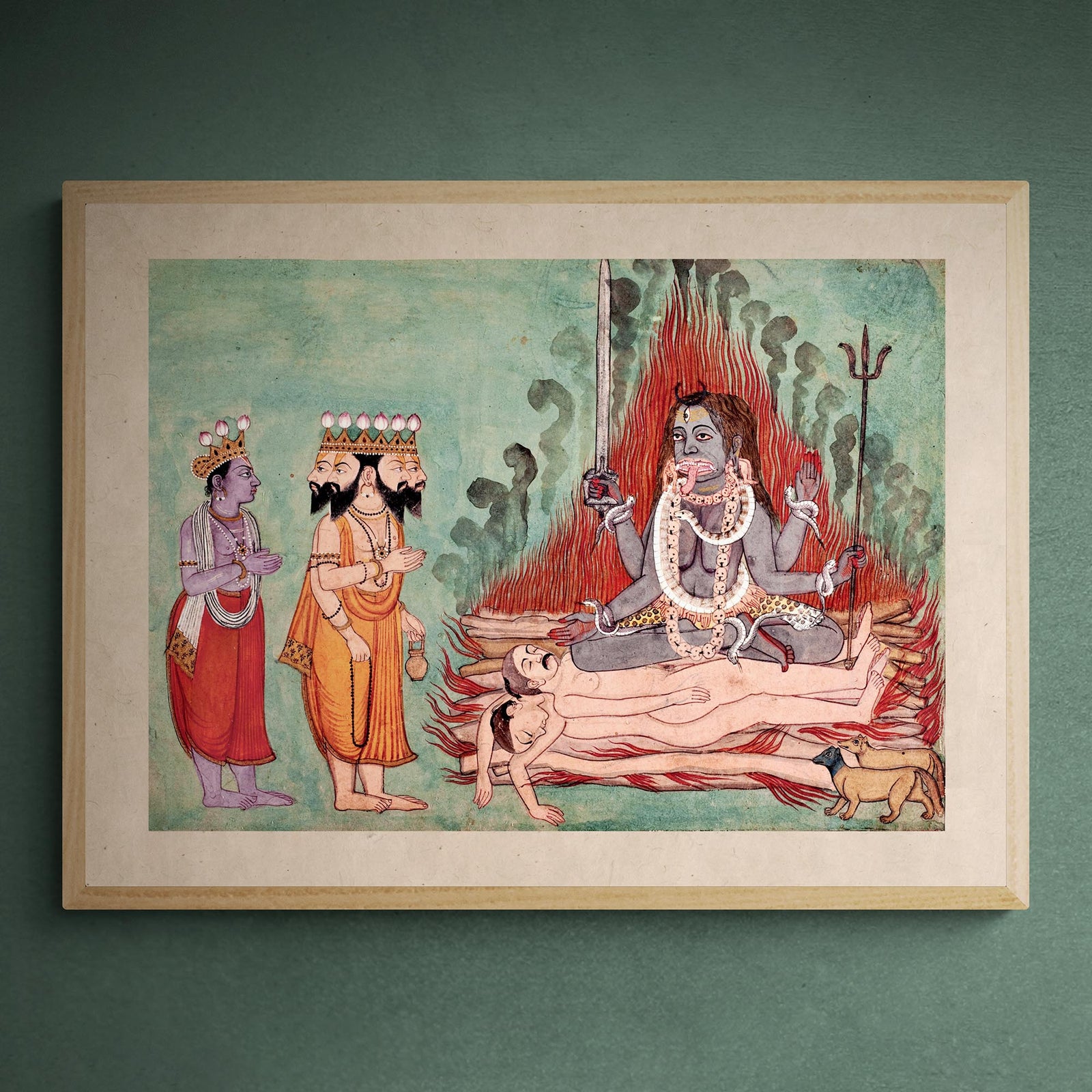 Fine art 8"x6" Shiva, Vishnu, and Brahma Adoring Kali (Detail) | Indian Folk Mythology | Chakras Kundalini Bhakti Devotion | Basholi-Style Fine Art Print