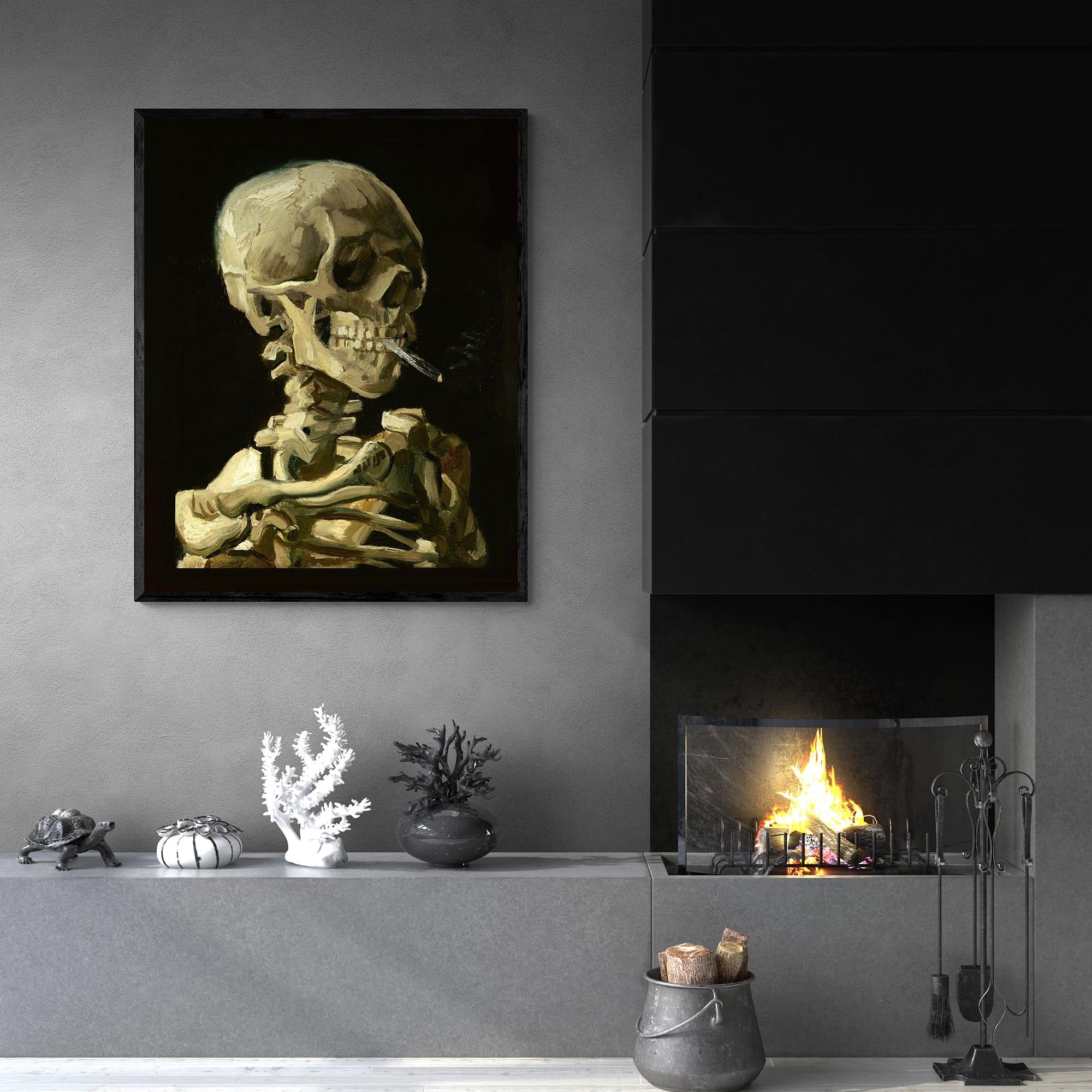 Skeleton Smoking Spliff Skull Cannabis Weed 420, Pot, Herb, Ganja, Reefer, Marijuana, Stoner, Pothead Van Gogh Weed Fine Art Print