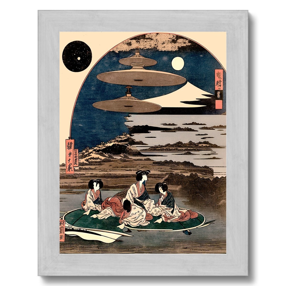 Fine art 6"x8" / Silver Frame "Skies Over Kyoto" Vintage Ukiyo-e Space Alien Invasion | 19th-Century Surreal UFO Antique Framed Print