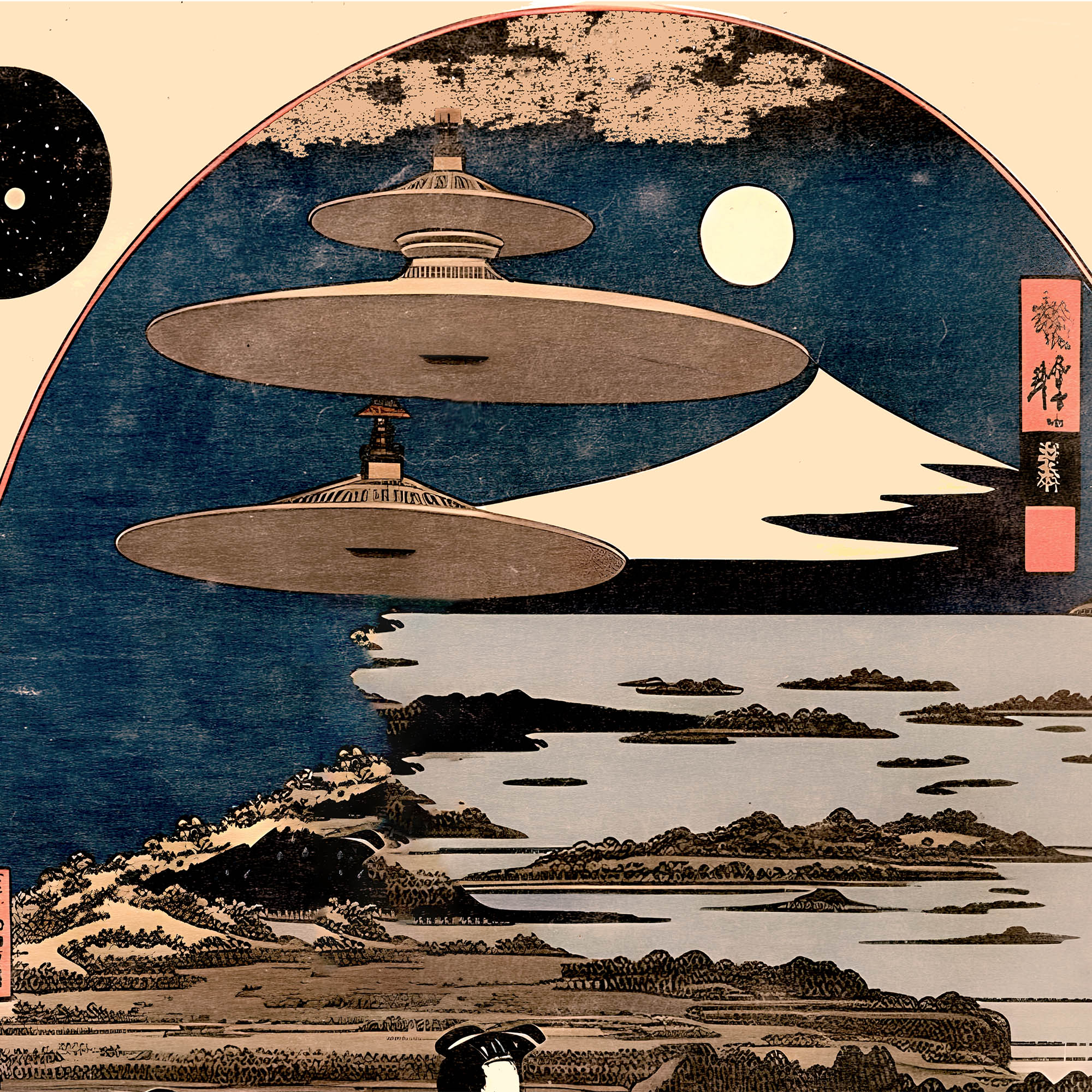 Fine art "Skies Over Kyoto" Vintage Ukiyo-e Space Alien Invasion | 19th-Century Surreal UFO Antique Framed Print