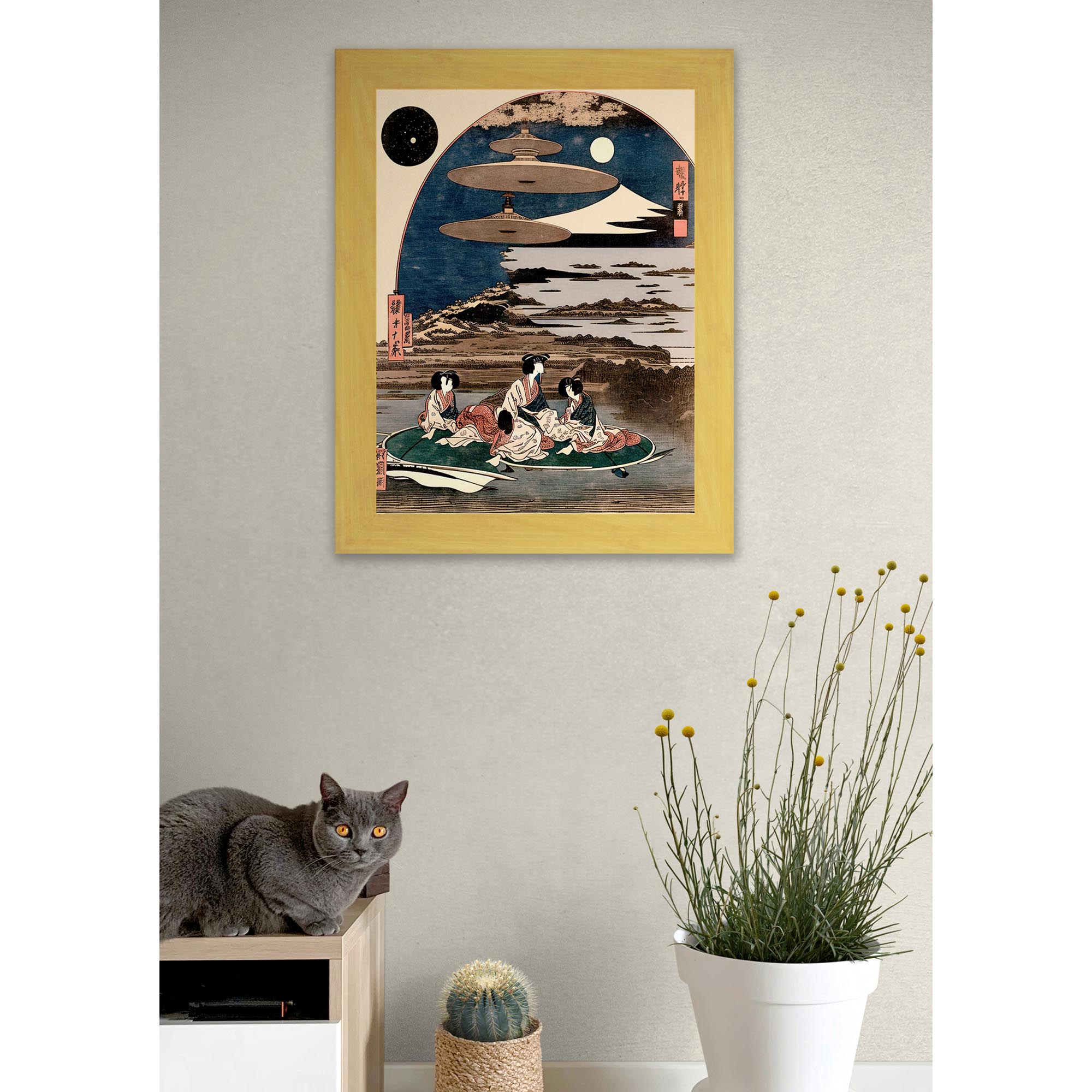 "Skies Over Kyoto" Vintage Ukiyo-e Space Alien Invasion | 19th-Century Surreal UFO Antique Framed Print