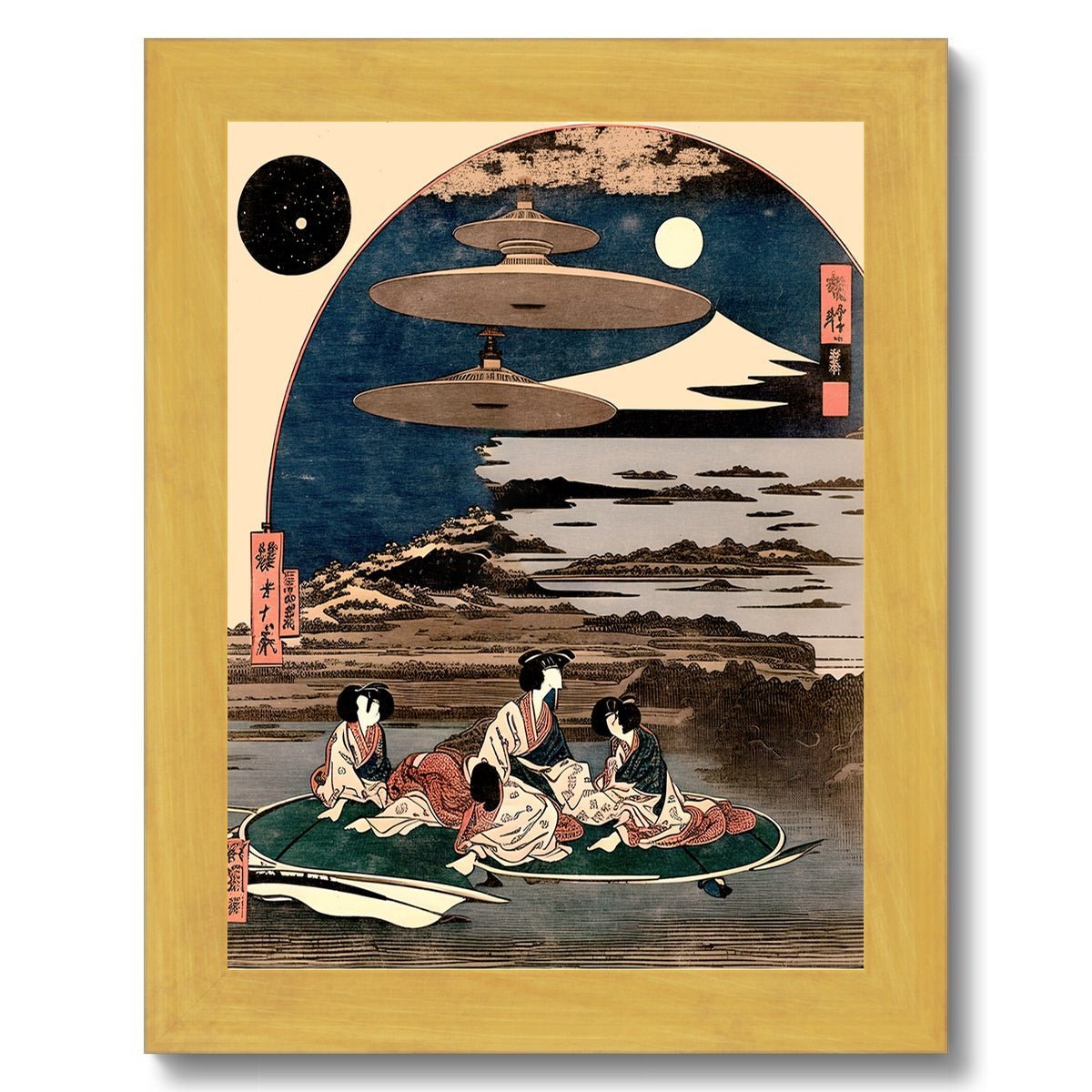 Fine art 6"x8" / Gold Frame "Skies Over Kyoto" Vintage Ukiyo-e Space Alien Invasion | 19th-Century Surreal UFO Antique Framed Print