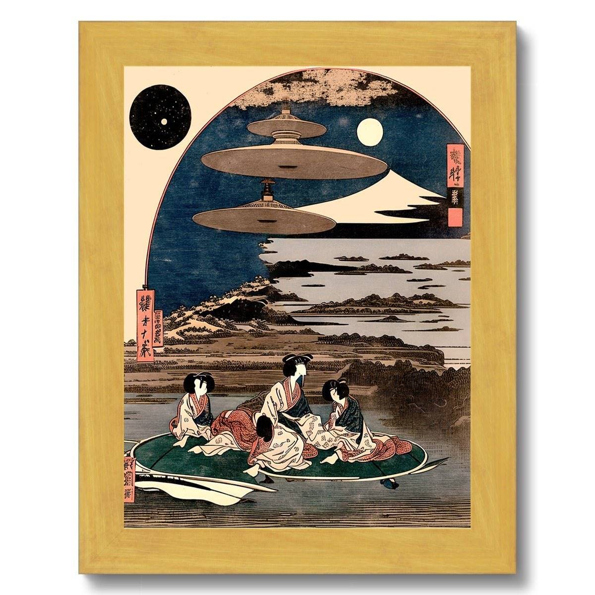 "Skies Over Kyoto" Vintage Ukiyo-e Space Alien Invasion | 19th-Century Surreal UFO Antique Framed Print