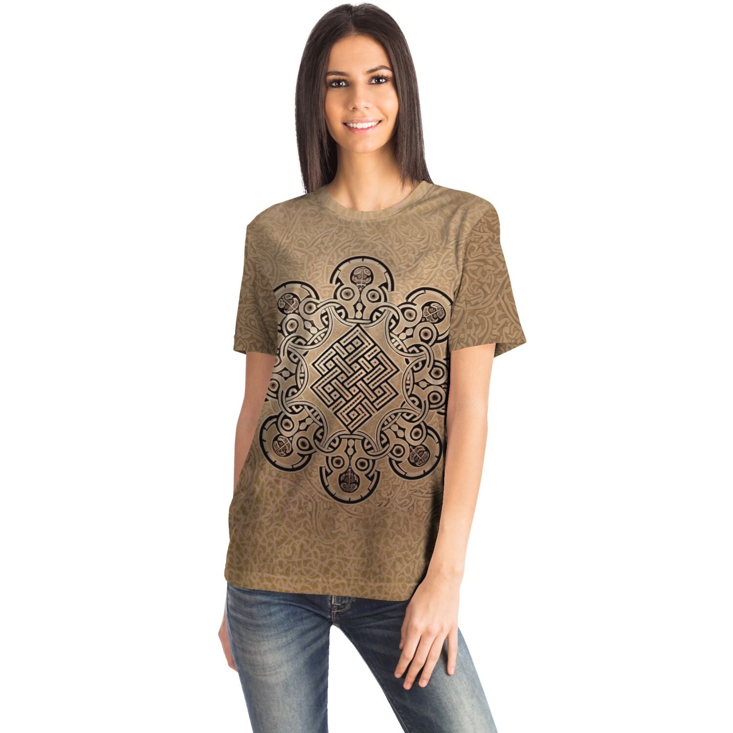 Zombie Skull Sparrow in a Field of Vines Surrounding The Eternal Knot | Sacred Geometry Tribal Mystical Mandala Graphic Art T-Shirt - Sacred Surreal