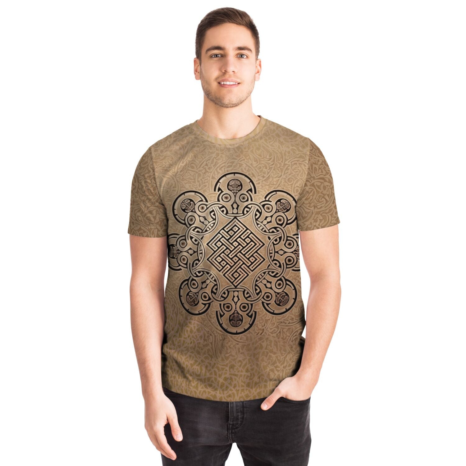 Zombie Skull Sparrow in a Field of Vines Surrounding The Eternal Knot | Sacred Geometry Tribal Mystical Mandala Graphic Art T-Shirt - Sacred Surreal