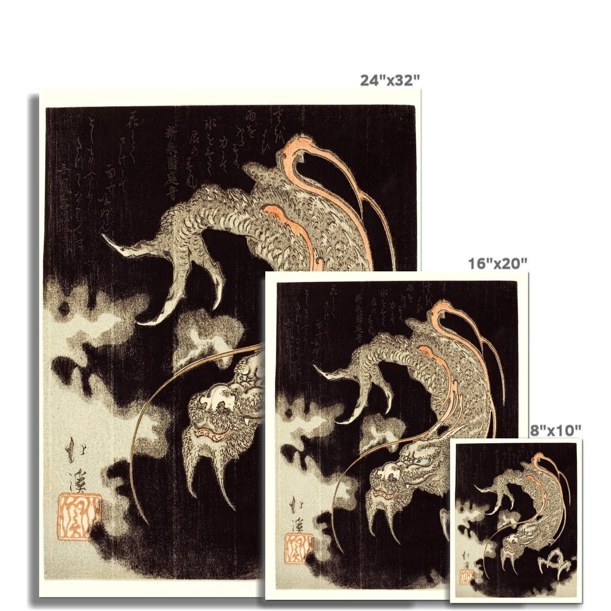 Storm Dragon Against a Black Sky with Clouds and Poems, Totoya Hokkei Japanese Edo Yokai Mythology Vintage Boho Wall Decor Fine Art Print