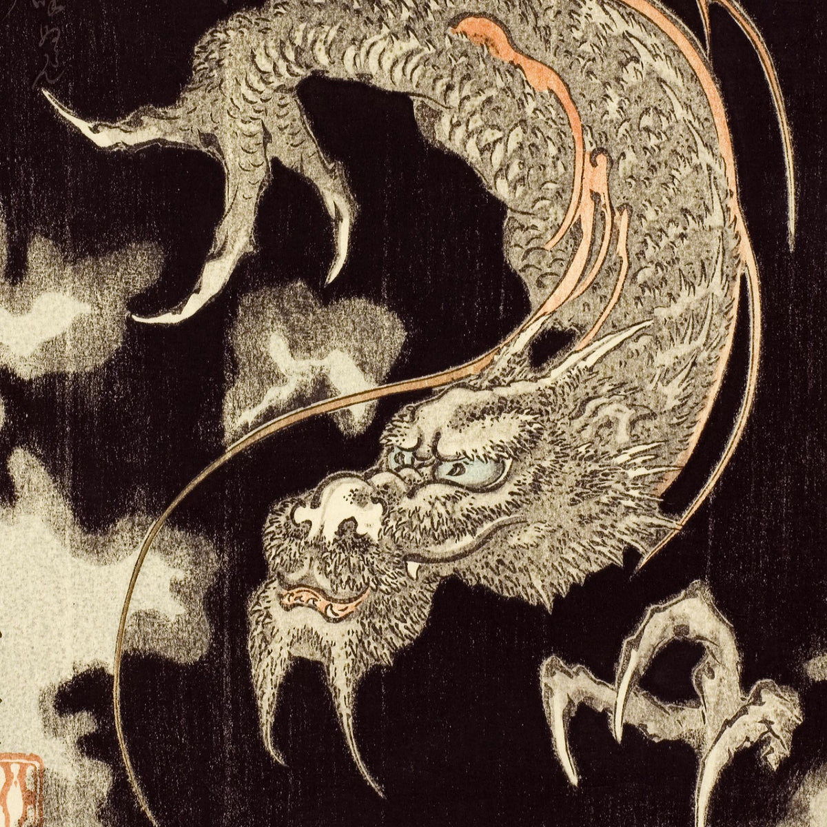 Storm Dragon Against a Black Sky with Clouds and Poems, Totoya Hokkei Japanese Edo Yokai Mythology Vintage Boho Wall Decor Fine Art Print