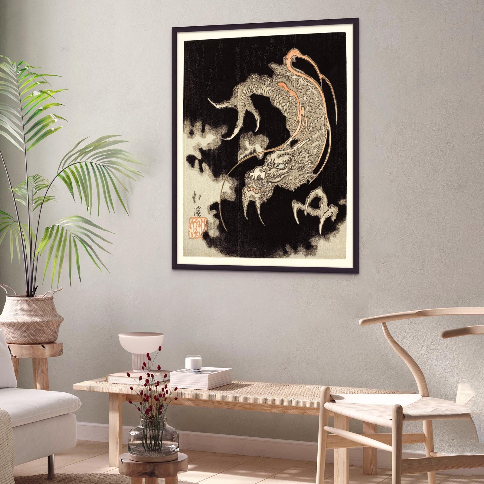 Storm Dragon Against a Black Sky with Clouds and Poems, Totoya Hokkei Japanese Edo Yokai Mythology Vintage Boho Wall Decor Fine Art Print