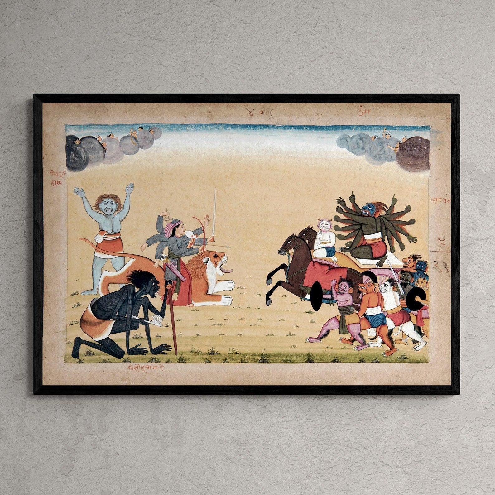 giclee A5 Landscape Sumbha & His Demon Asura Army Attacks Mahadevi Chandika | Hindu Indian Folklore Vedic Mythology Vintage Fine Art Print