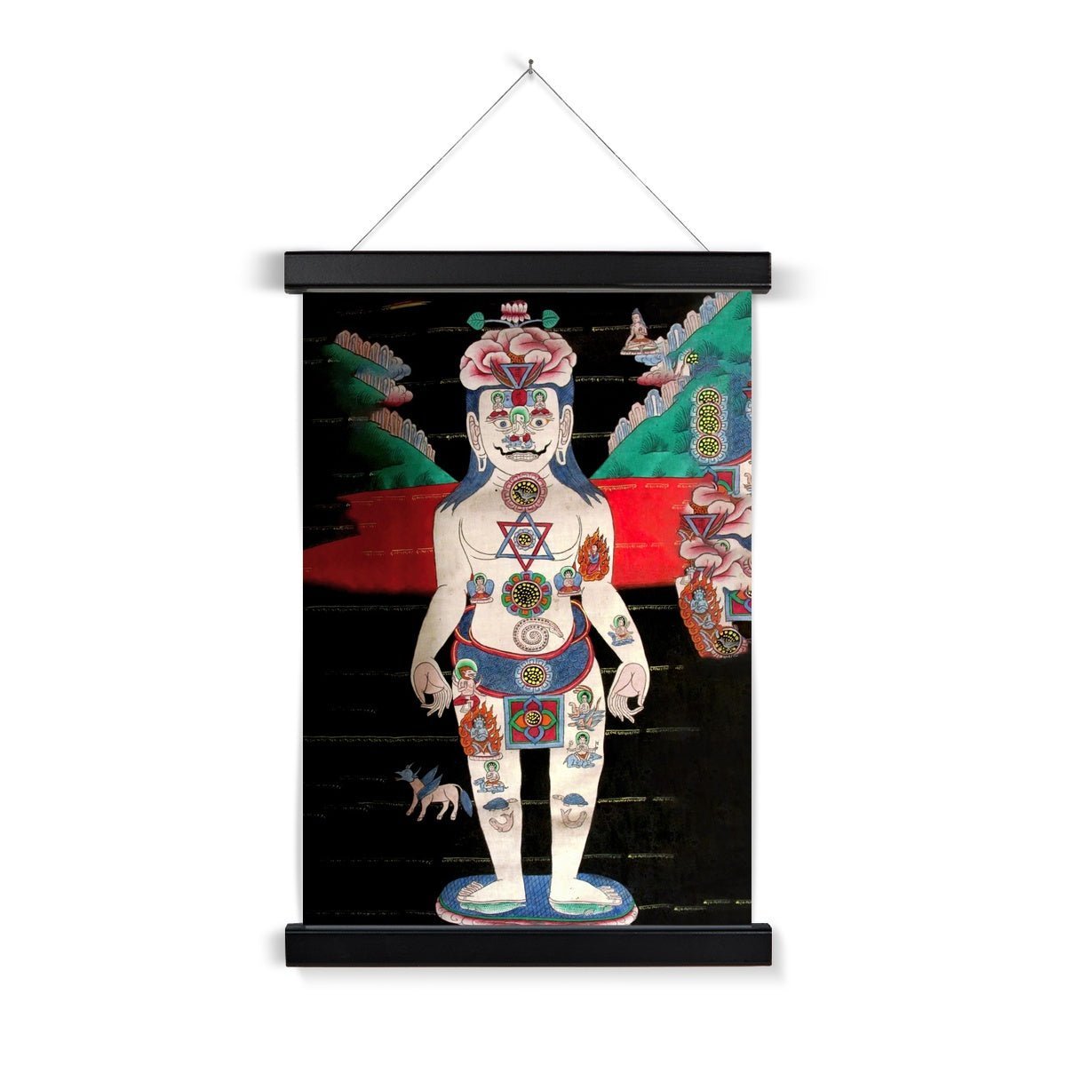Hangar Thangka 6&quot;x8&quot; / Black Frame Surreal Indian Kundalini Raja Hatha Yoga | Hindu Shiva Gurudevi, Sadhu Vedic Kundalini Vedic Nadis Meditation Vintage Art Print with Hanger