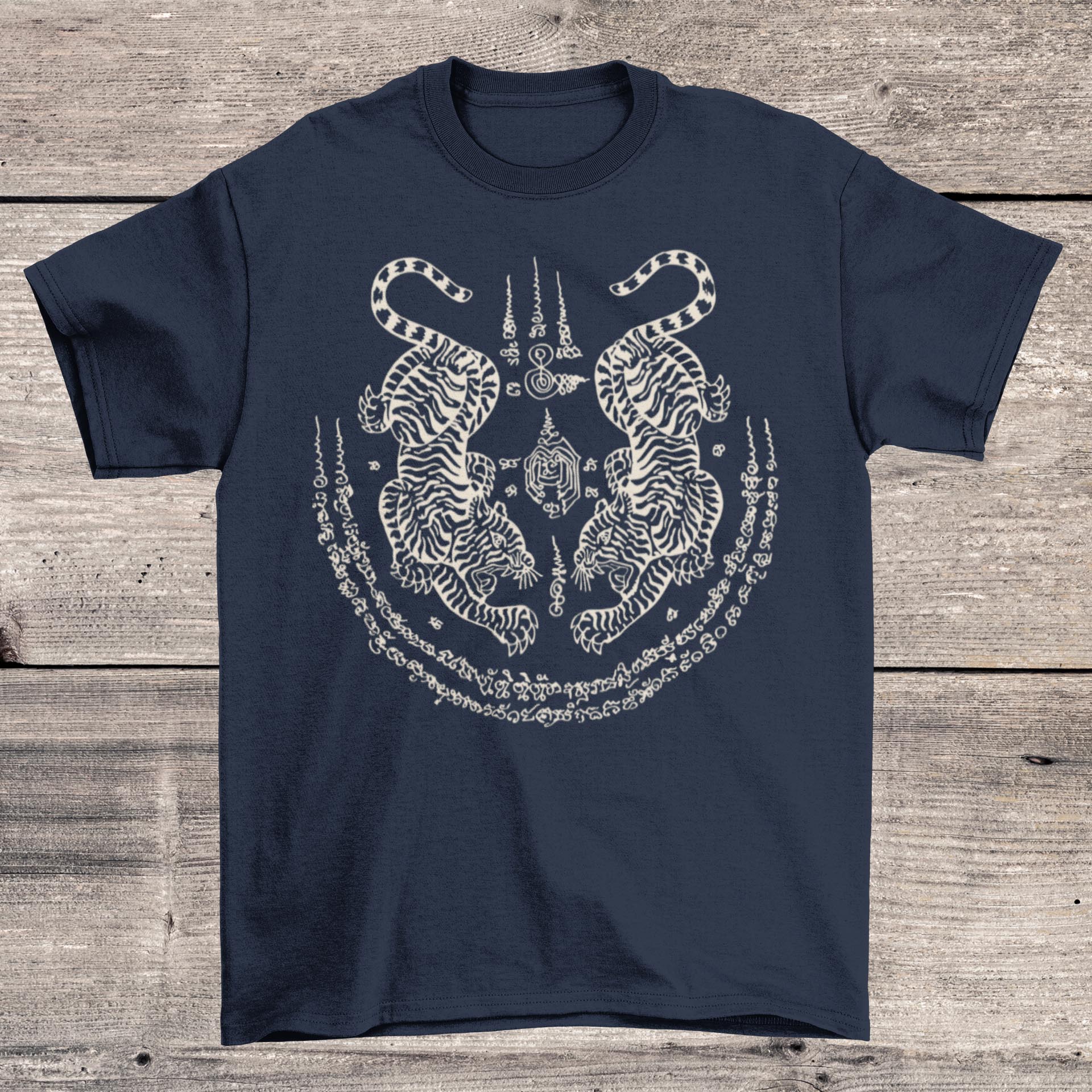 T-Shirts S / Navy Thai Tiger Sak Yant Tattoo | Sacred Yantra Protection, Strength, Power  | Muay Thai, MMA Thai Graphic Art T-Shirt