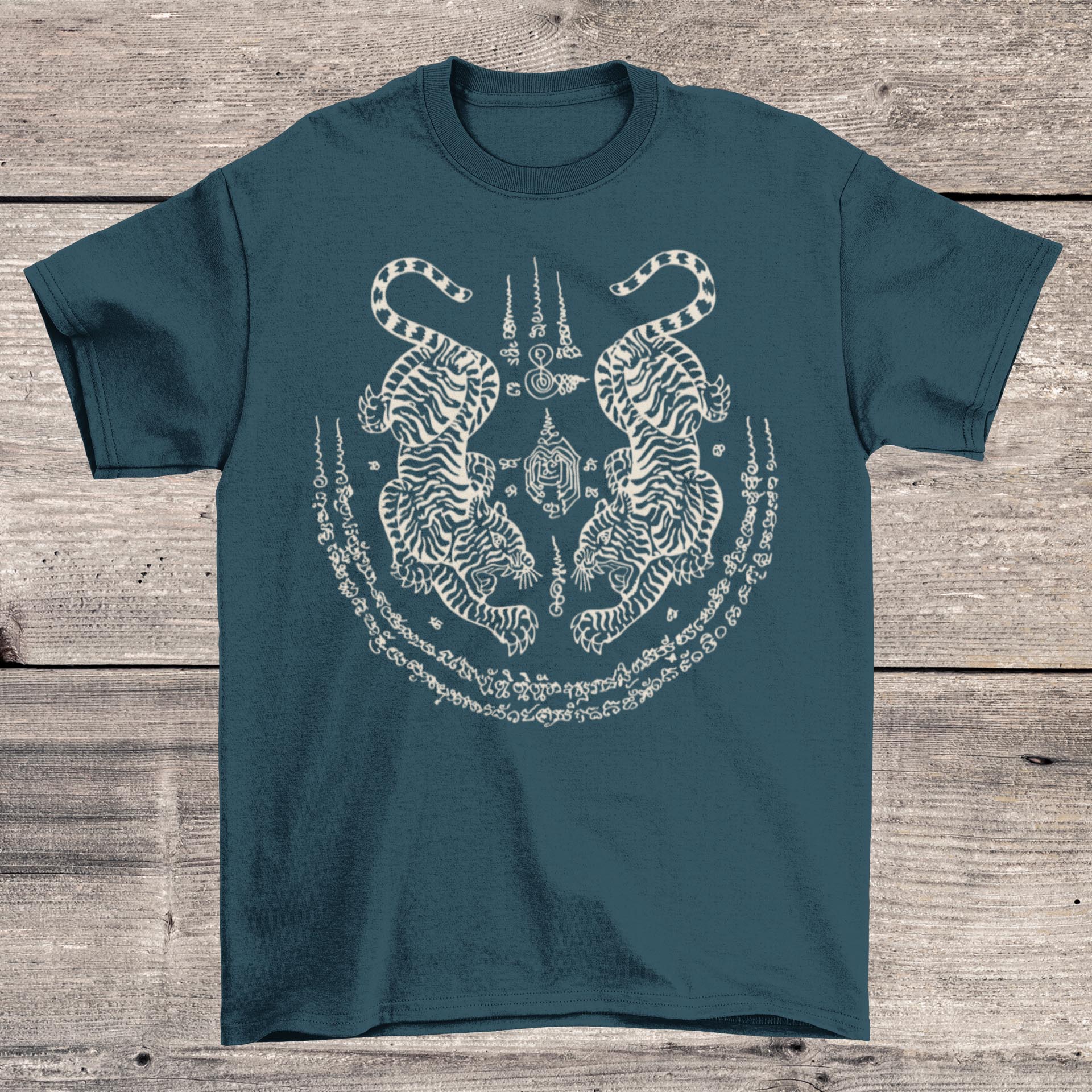 T-Shirts S / Midnight Thai Tiger Sak Yant Tattoo | Sacred Yantra Protection, Strength, Power  | Muay Thai, MMA Thai Graphic Art T-Shirt
