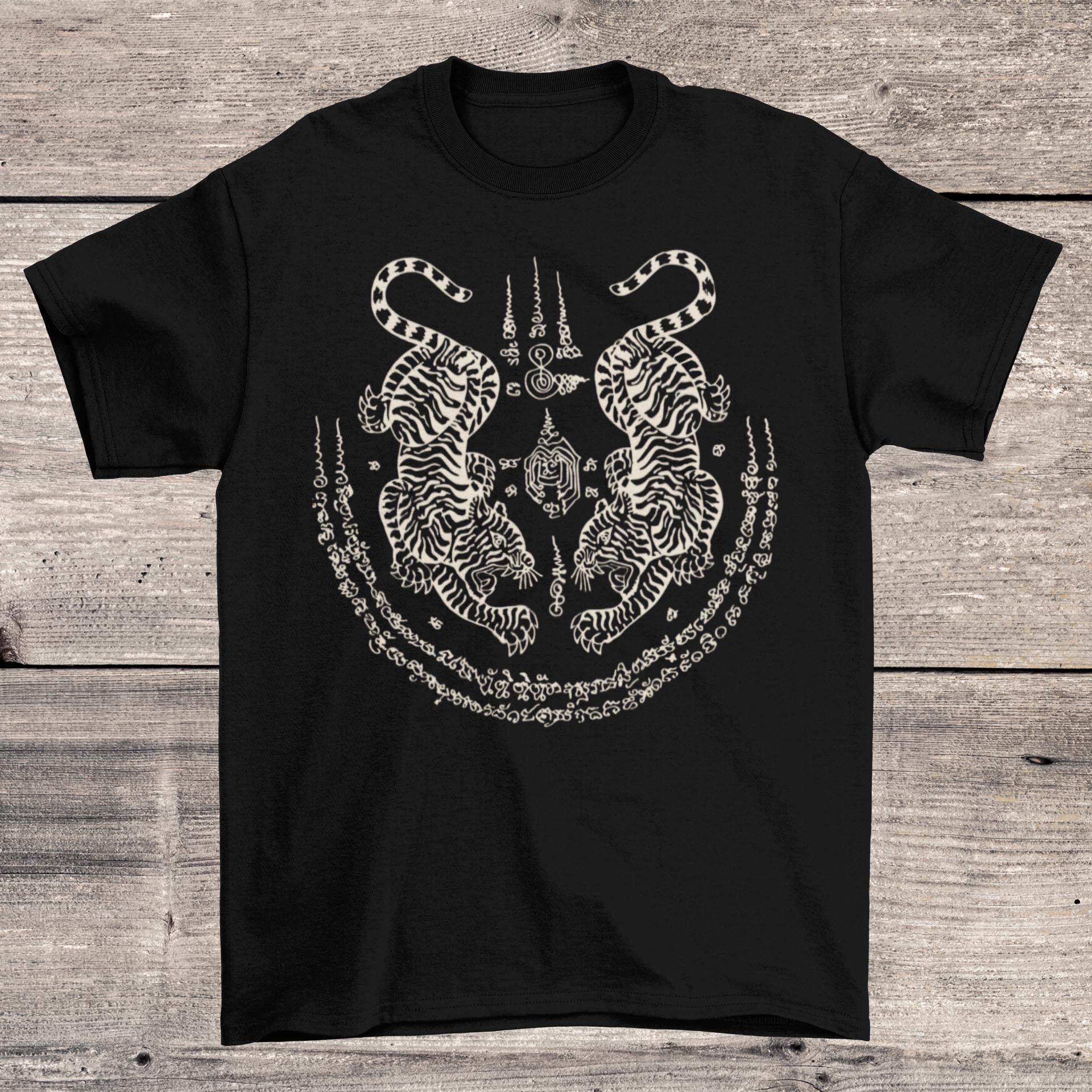 T-Shirts S / Black Thai Tiger Sak Yant Tattoo | Sacred Yantra Protection, Strength, Power  | Muay Thai, MMA Thai Graphic Art T-Shirt