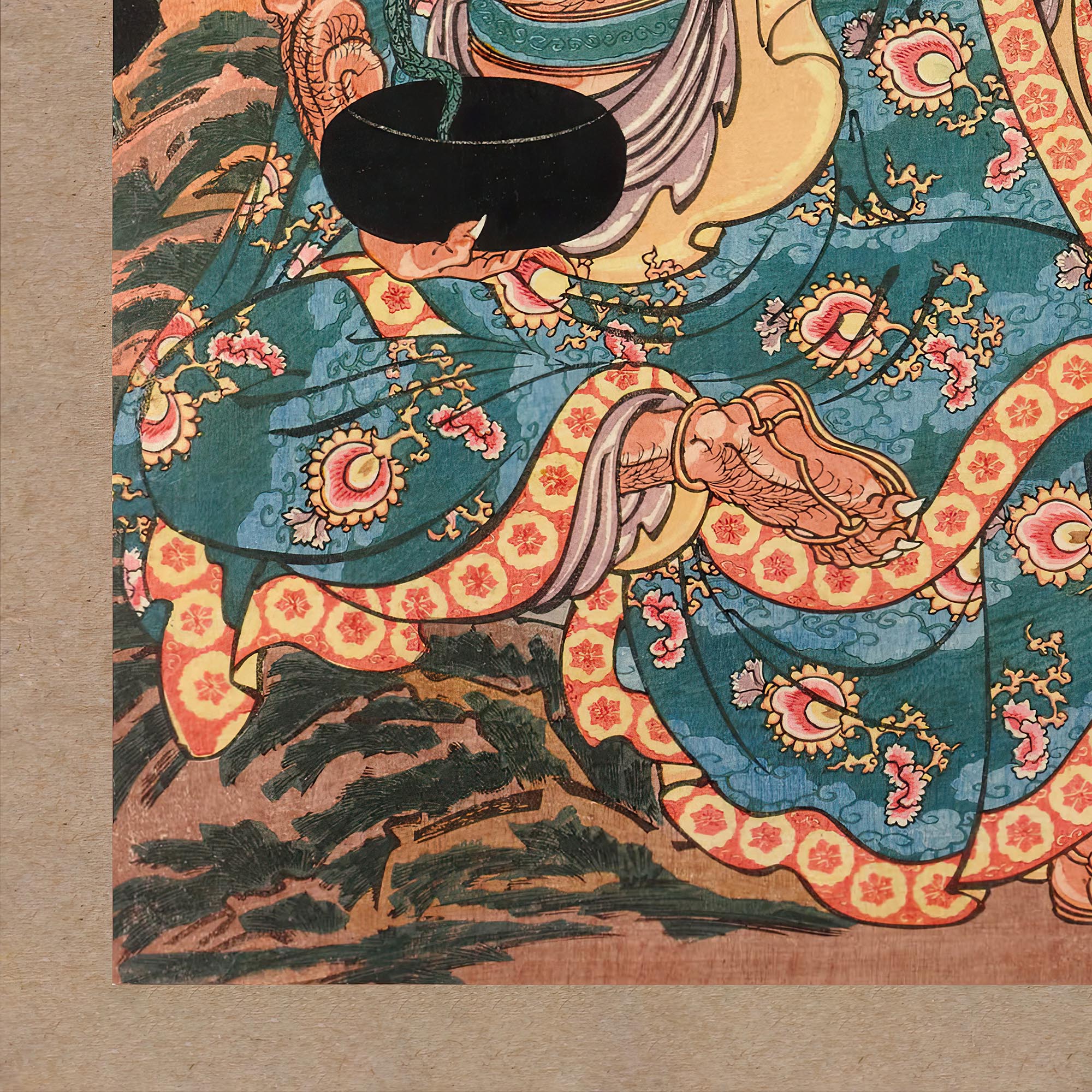 The Arhat Nakasaina Sonja Seated On a Rock, with a Dragon Emerging From His Bowl, Vintage Buddhist Japanese Fine Art Print with Hanger