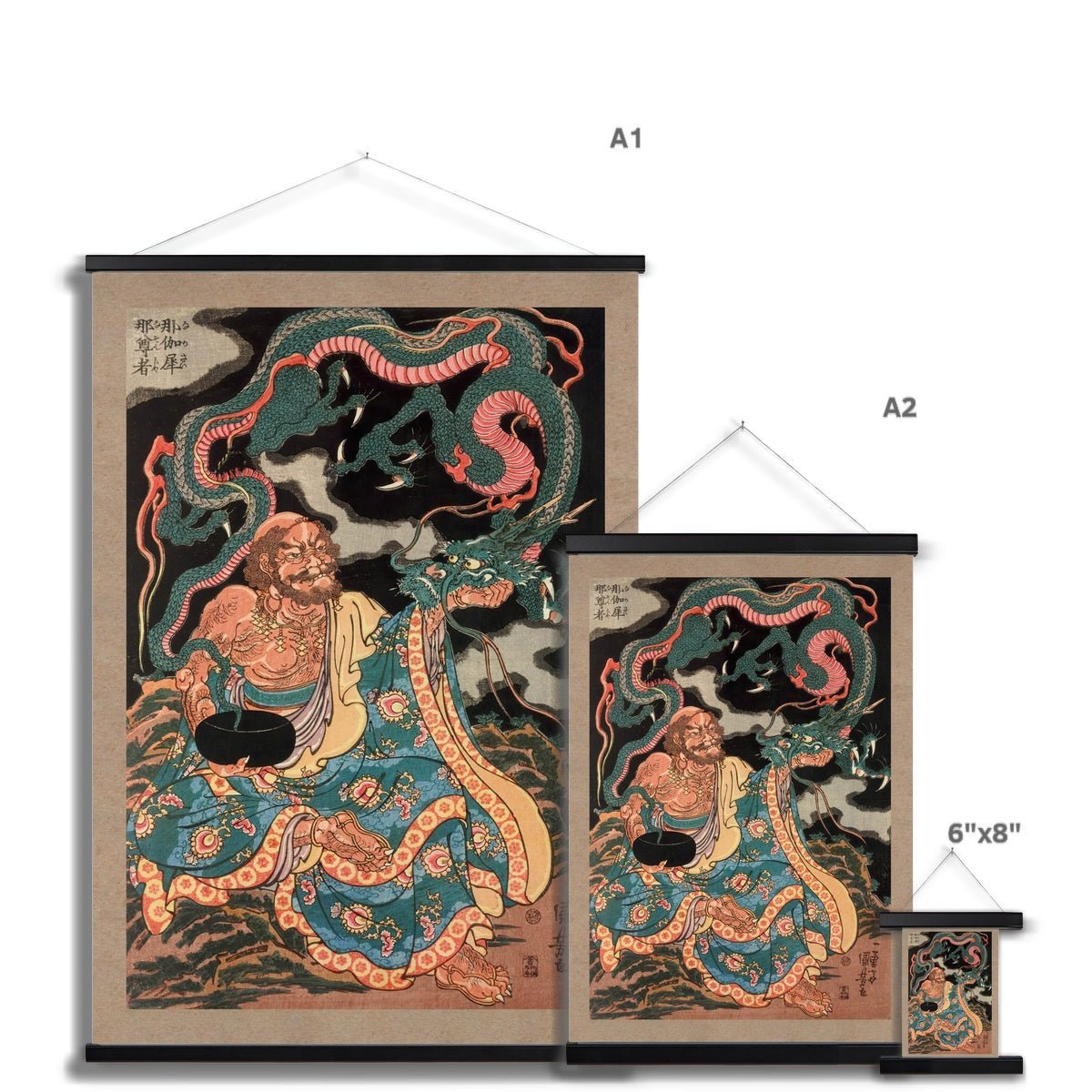 The Arhat Nakasaina Sonja Seated On a Rock, with a Dragon Emerging From His Bowl, Vintage Buddhist Japanese Fine Art Print with Hanger