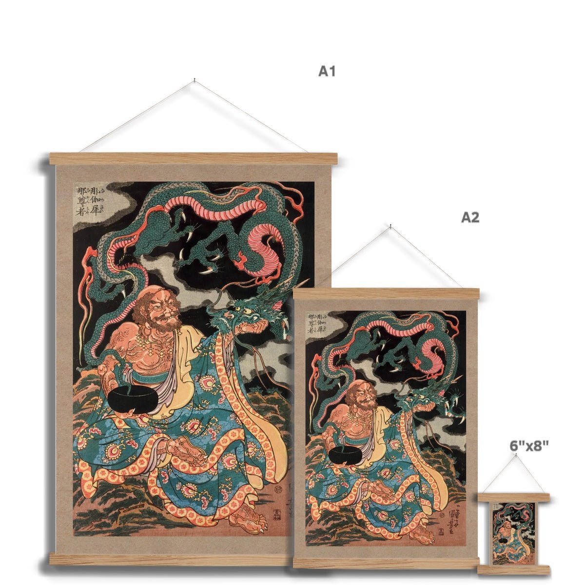 The Arhat Nakasaina Sonja Seated On a Rock, with a Dragon Emerging From His Bowl, Vintage Buddhist Japanese Fine Art Print with Hanger