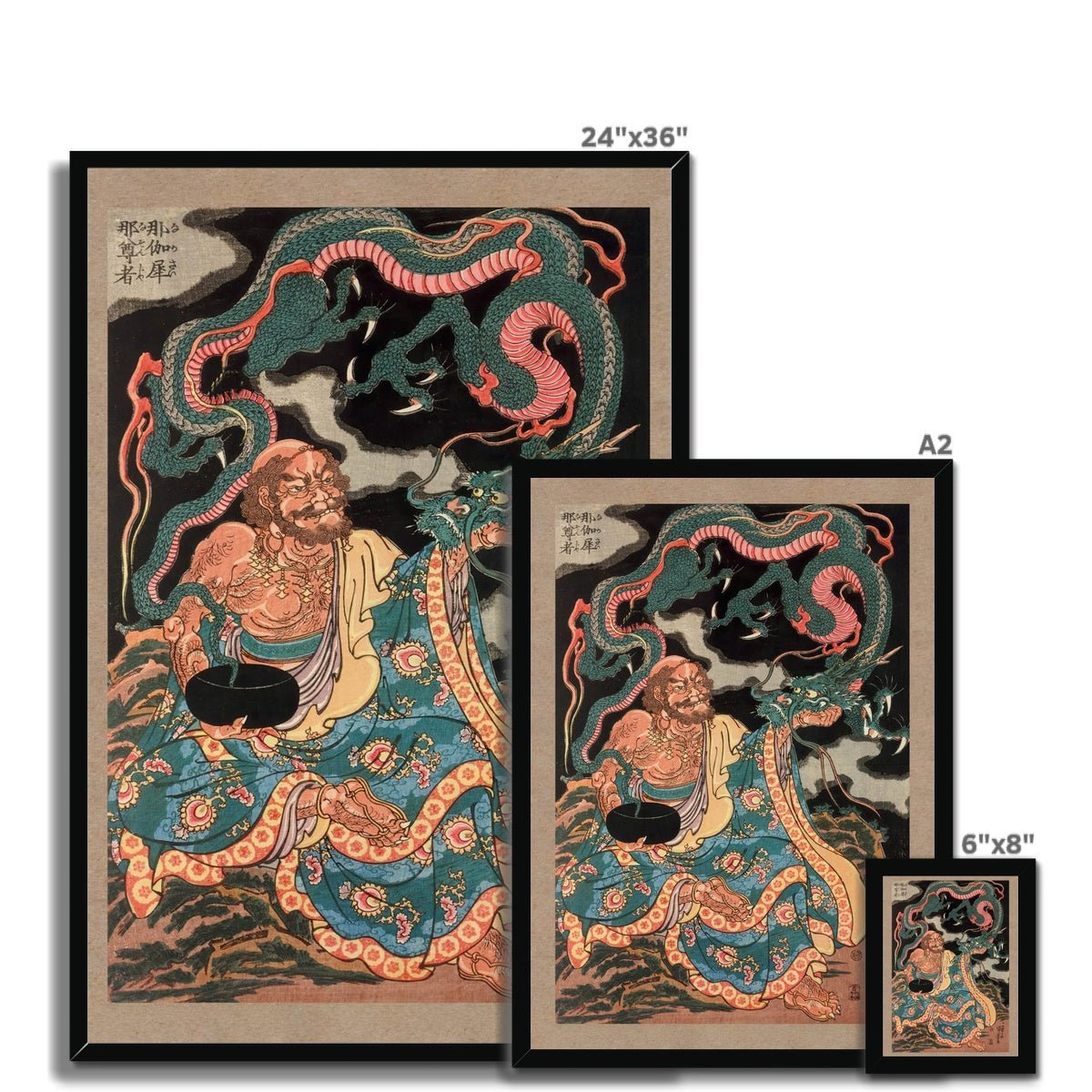 The Arhat Nakasaina Sonja Seated On a Rock, with a Dragon Emerging From His Bowl, Vintage Buddhist Japanese Framed Art Print