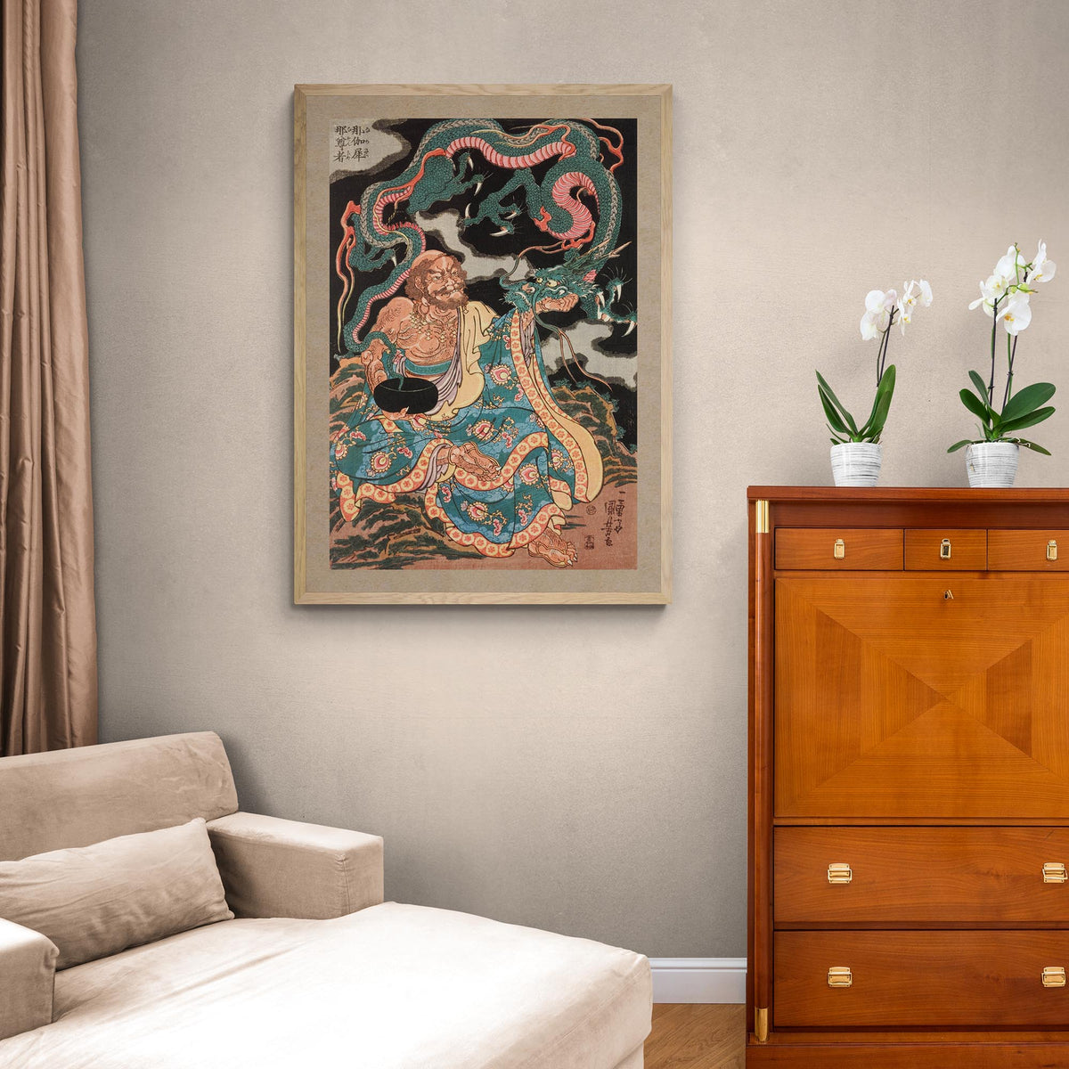 The Arhat Nakasaina Sonja Seated On a Rock, with a Dragon Emerging From His Bowl, Vintage Buddhist Japanese Framed Art Print