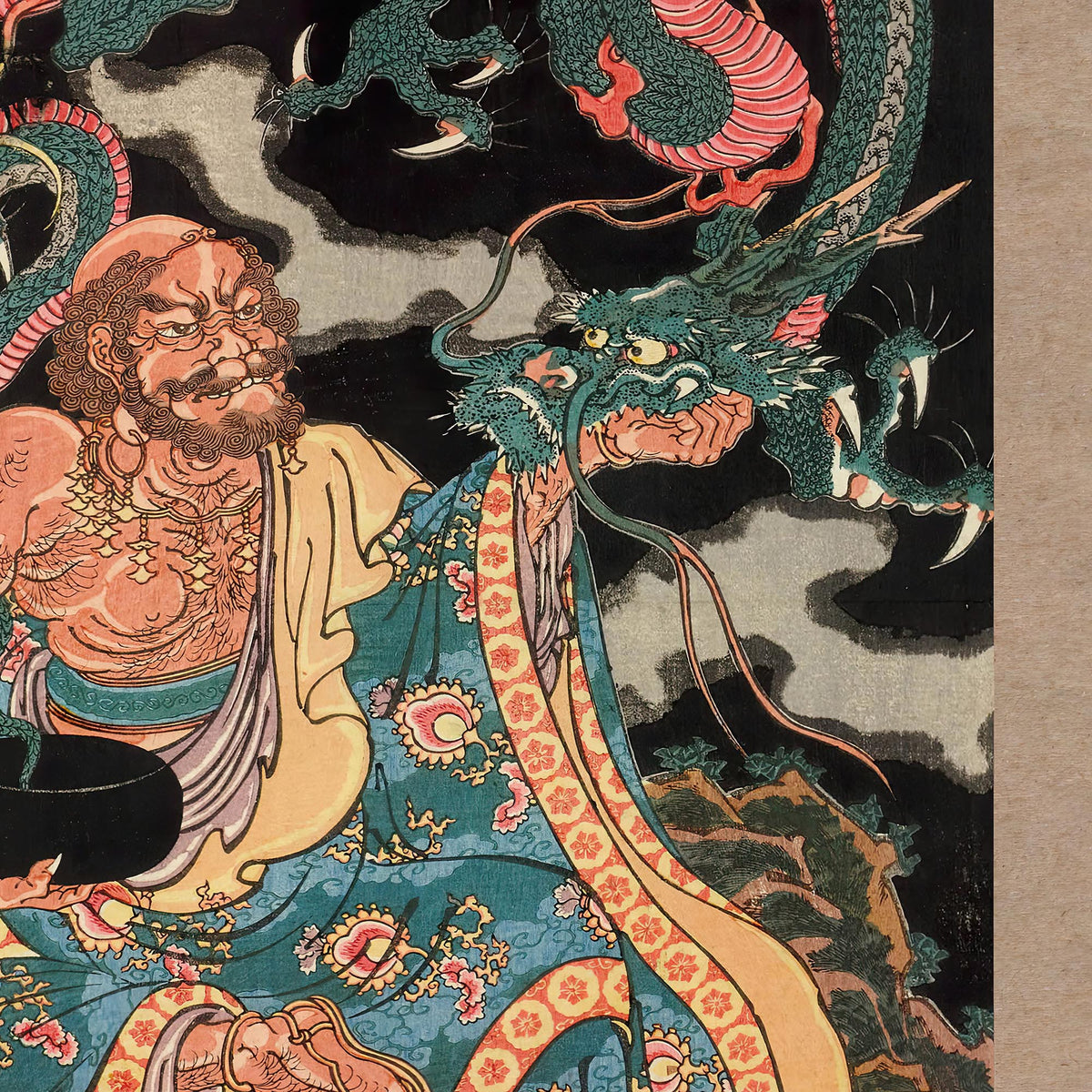 The Arhat Nakasaina Sonja Seated On a Rock, with Dragon Emerging From His Bowl, Vintage Buddhist Japanese Fine Art Print