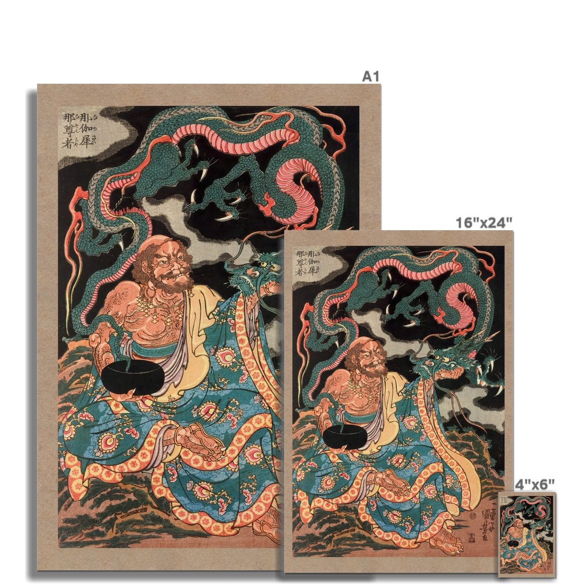 The Arhat Nakasaina Sonja Seated On a Rock, with Dragon Emerging From His Bowl, Vintage Buddhist Japanese Fine Art Print