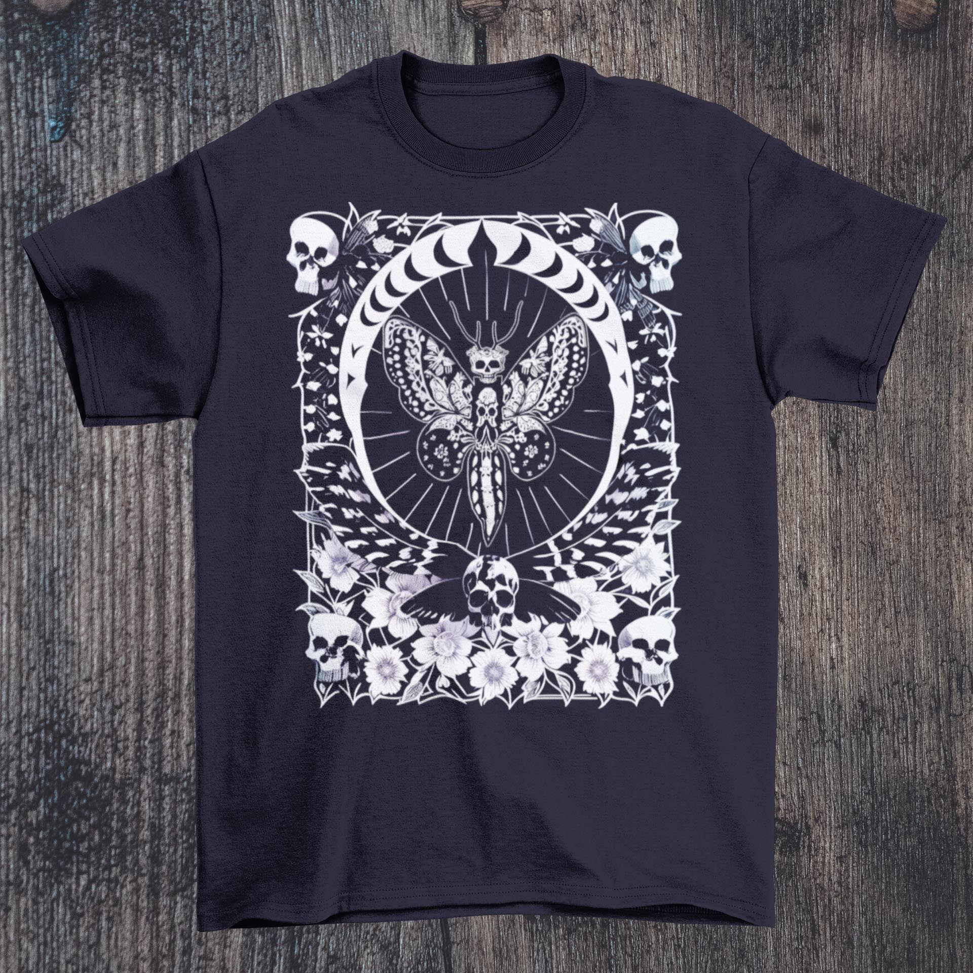 T-Shirts XS / Navy The Death's-Head Hawkmoth | Skull Macabre Gothic Horror Silence | Occult Moth Lamb Symbol, Graphic Art T-Shirt