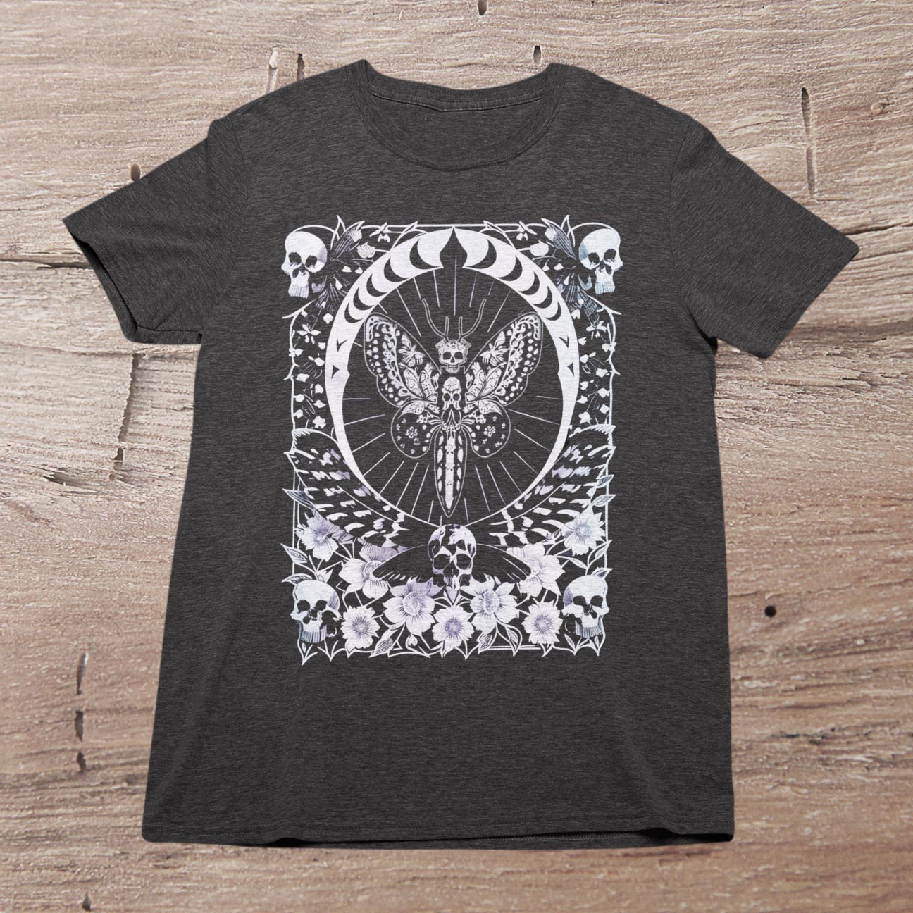 T-Shirts XS / Dark Grey Heather The Death's-Head Hawkmoth | Skull Macabre Gothic Horror Silence | Occult Moth Lamb Symbol, Graphic Art T-Shirt