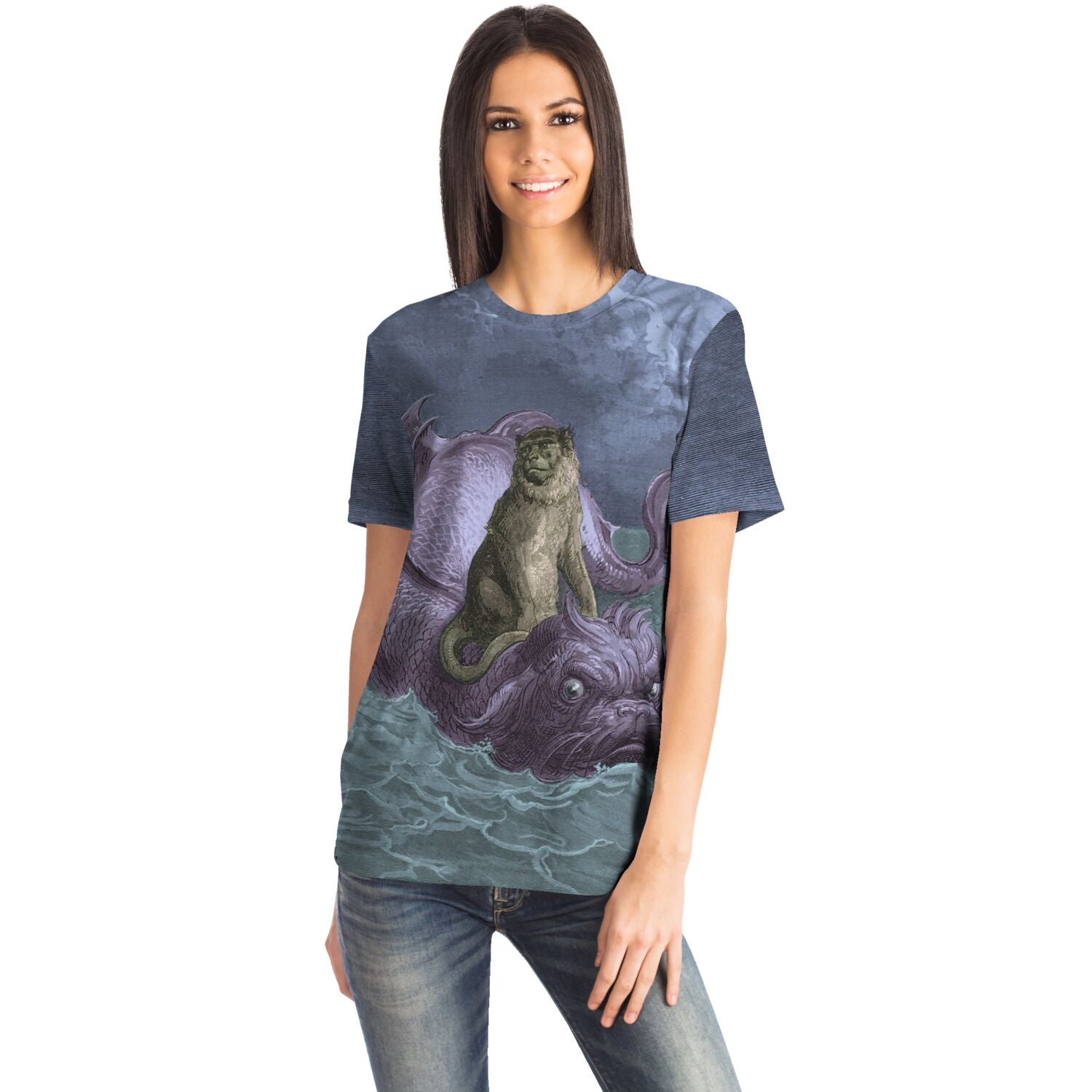 The Monkey and the Dolphin by Gustave Dore | Nautical Ocean Sea Marine Life Graphic Art T-Shirt