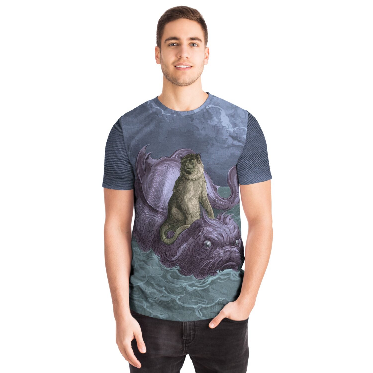 T-shirt The Monkey and the Dolphin by Gustave Dore | Nautical Ocean Sea Marine Life Graphic Art T-Shirt