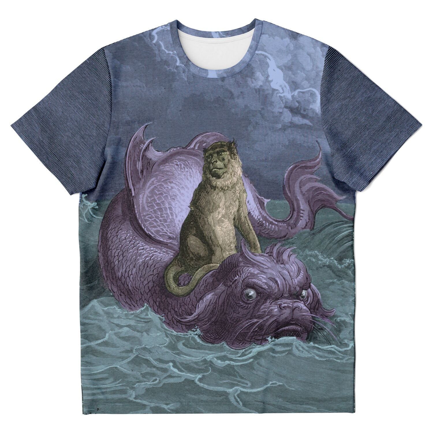 The Monkey and the Dolphin by Gustave Dore | Nautical Ocean Sea Marine Life Graphic Art T-Shirt