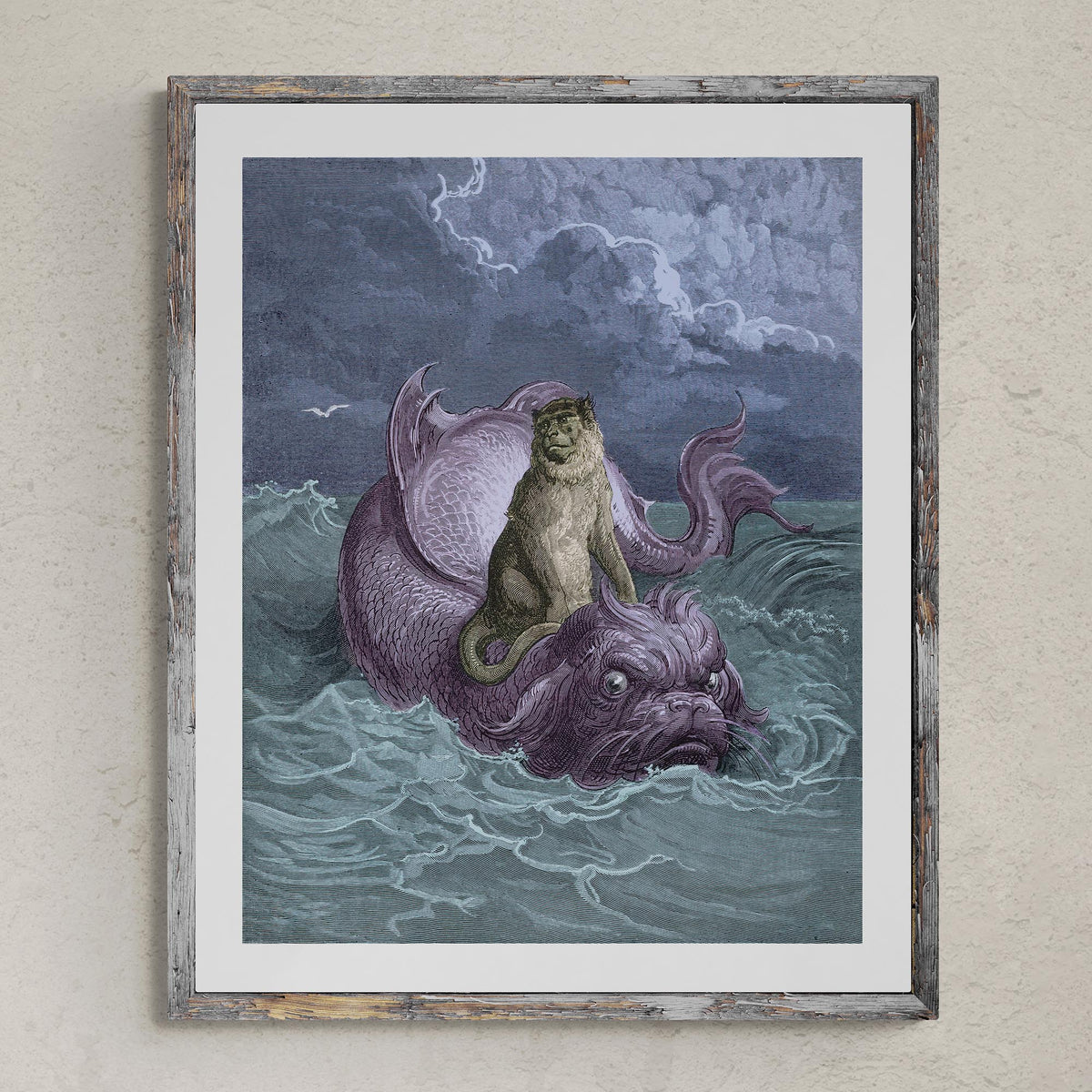 Fine art The Monkey and the Dolphin | Surreal Aesop&#39;s Fable Illustrated by Gustave Dore | Marine Life Nautical Wall Decor Fine Art Print