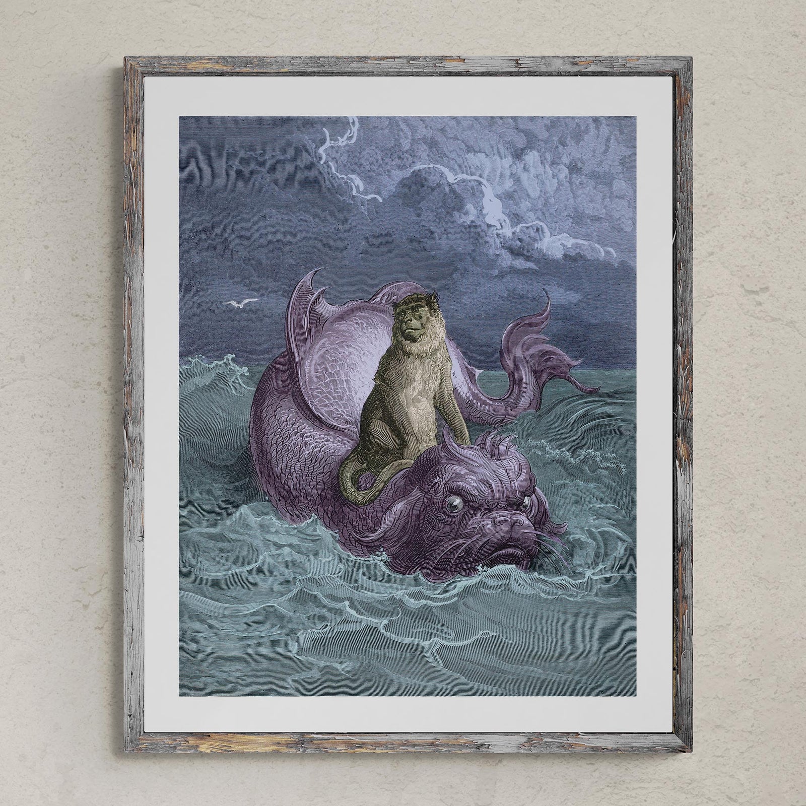 Fine art The Monkey and the Dolphin | Surreal Aesop's Fable Illustrated by Gustave Dore | Marine Life Nautical Wall Decor Fine Art Print