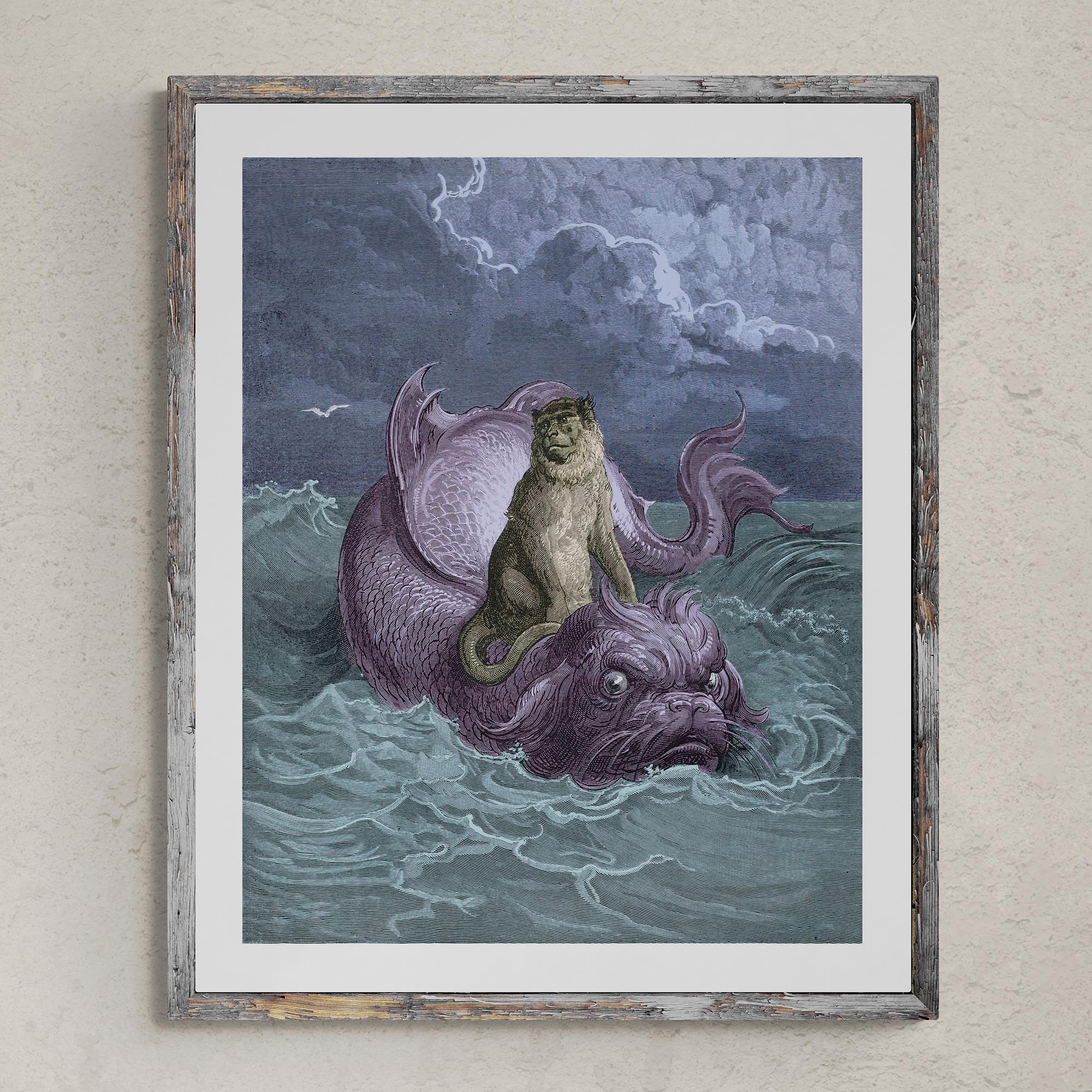 Fine art The Monkey and the Dolphin | Surreal Aesop's Fable Illustrated by Gustave Dore | Marine Life Nautical Wall Decor Fine Art Print