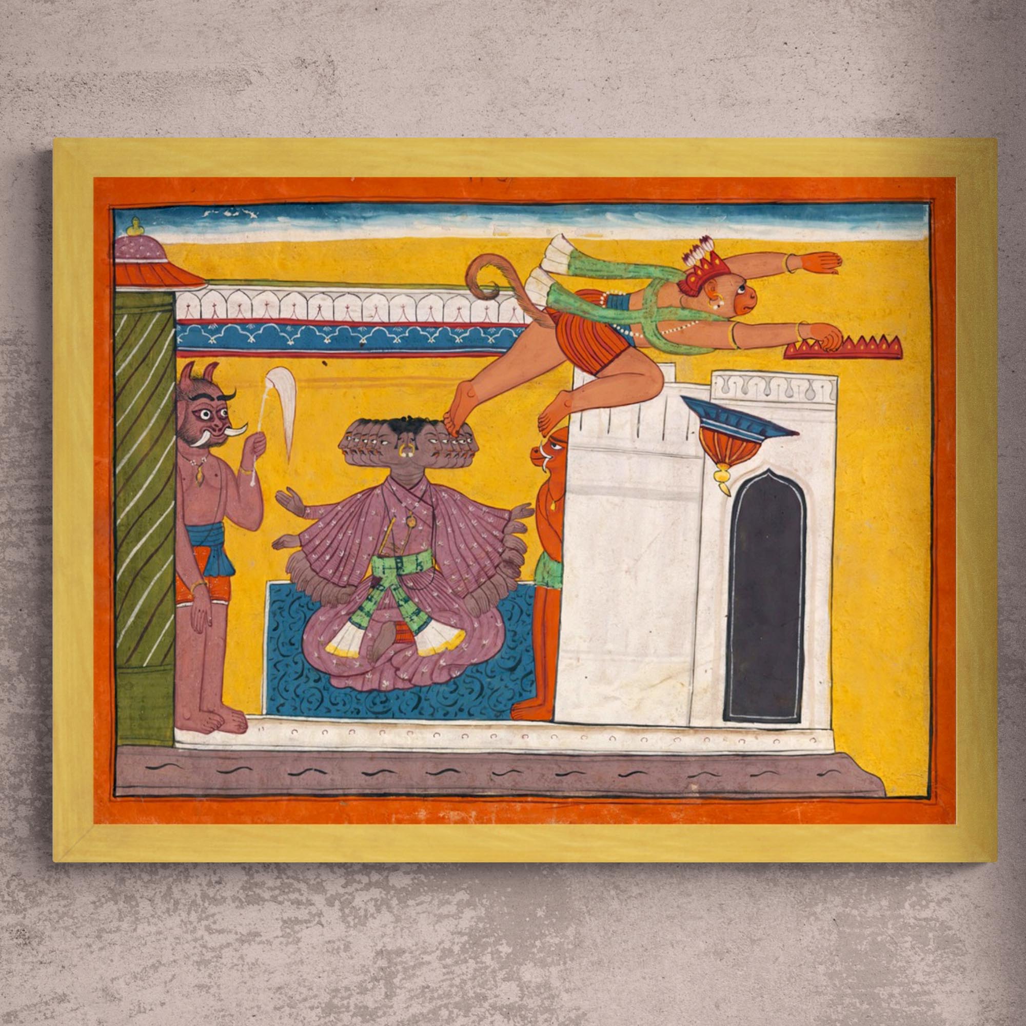 Fine art 8"x6" / Gold Frame The Monkey Prince Angada Steals Ravana's Crown | Indian Vedic Hindu Mythology | Hanuman Vintage Antique Framed Print
