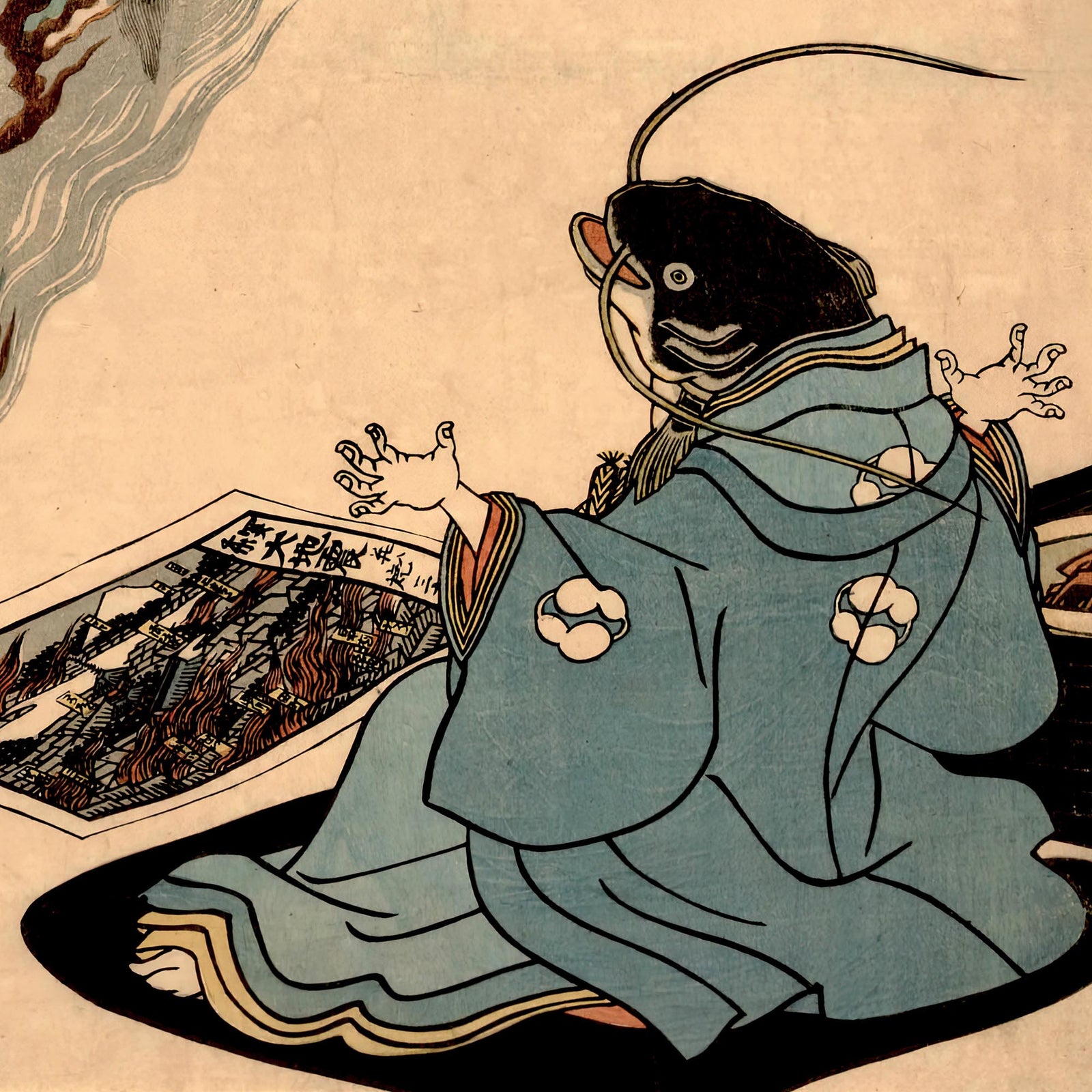 The Namazu Yokai | Japanese Catfish Yokai Mythology Earthquake Deity | Namazu Catfish Vintage Woodblock Fine Art Print