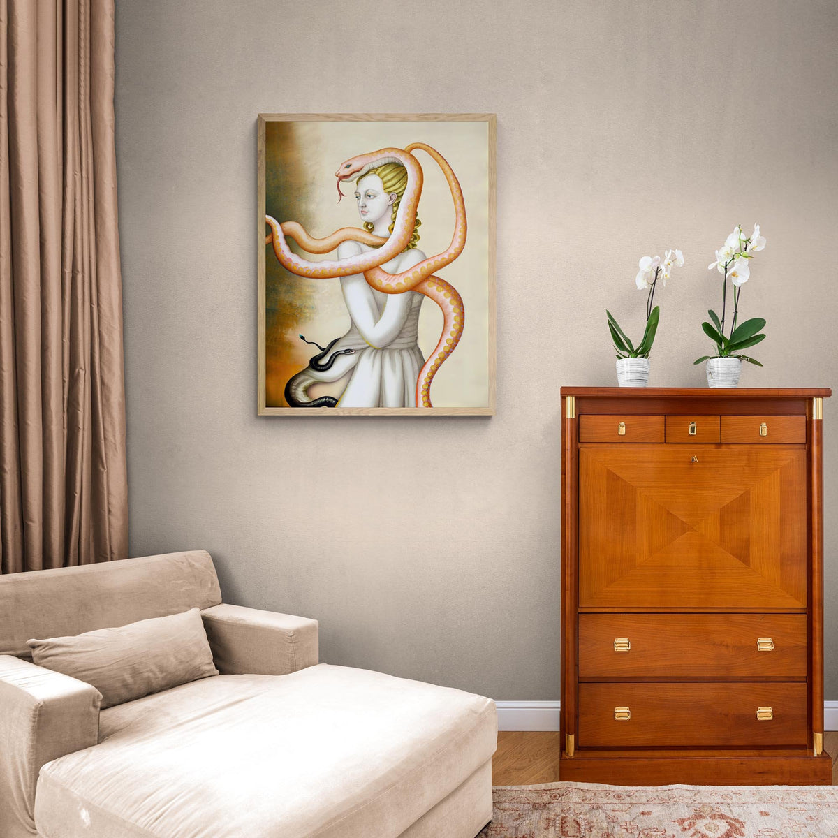 The Serpent Bearer | Original Surrealist Art | Dada, Weird, Strange Art, Fantasy | Naga, Snake Lover, Fine Art Framed Print