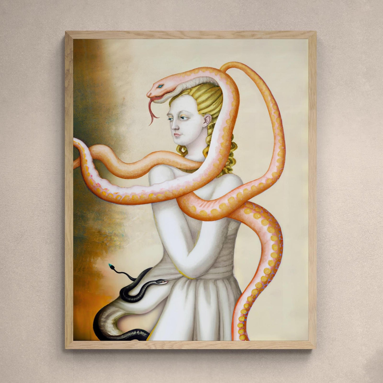 Natural Frame / 11"x14" The Serpent Bearer | Original Surrealist Art | Dada, Weird, Strange Art, Fantasy | Naga, Snake Lover, Fine Art Framed Print