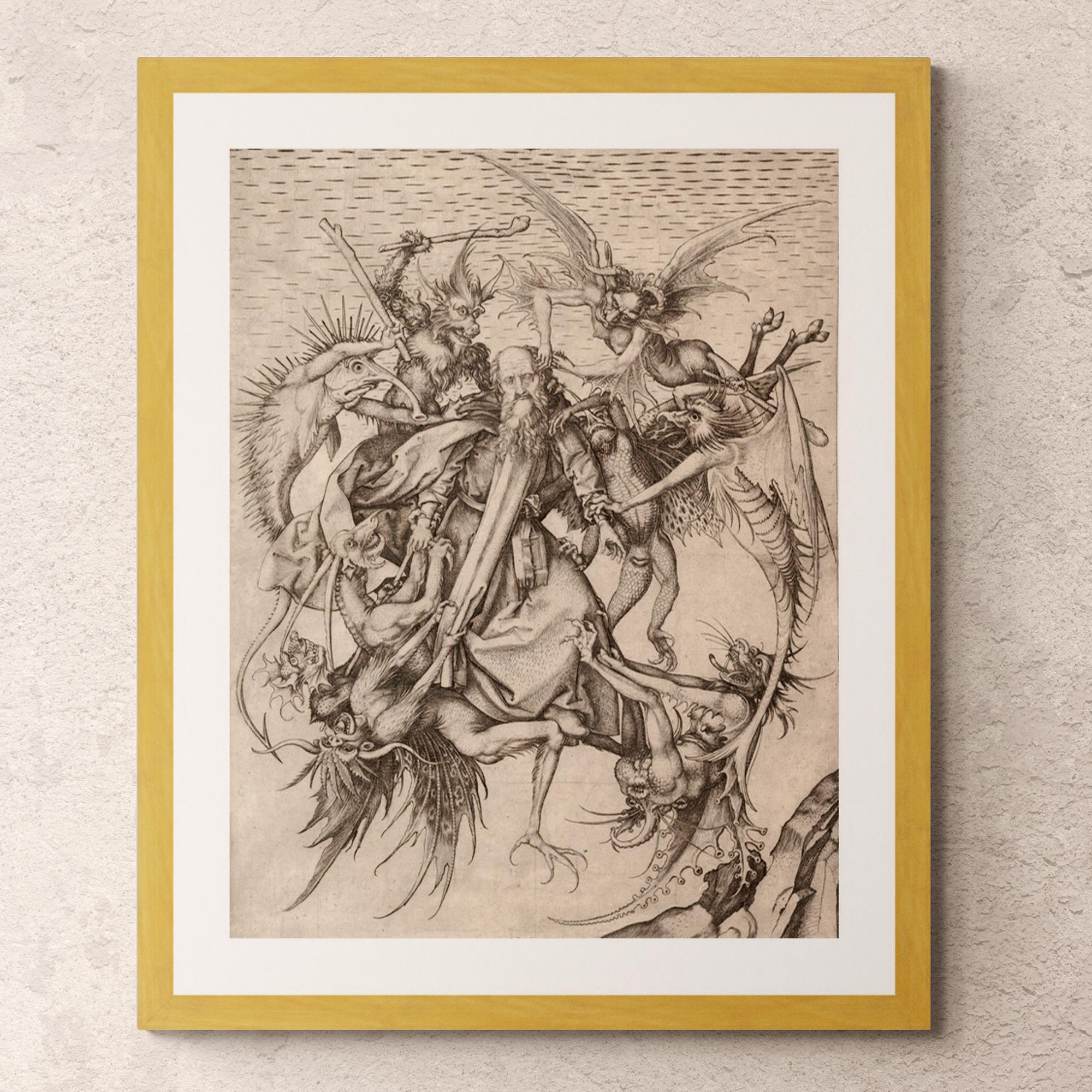 Fine art 6"x8" / Gold Frame The Temptation of Saint Anthony | Surreal Schongauer Gothic Devil and Demons | Occult Antique Framed Art Print