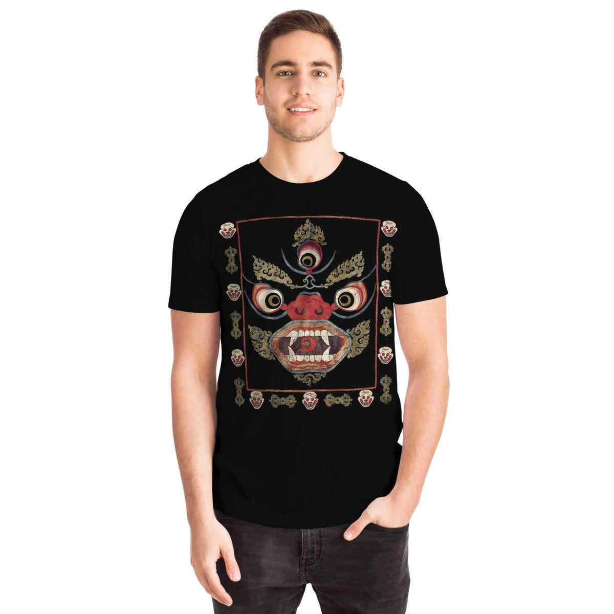 Tibetan Mahakala 19th Century Black Buddhist Shawl with Skulls Occult Tantra Vajra Nepal Vintage Gift Antique Art Tee T-Shirt
