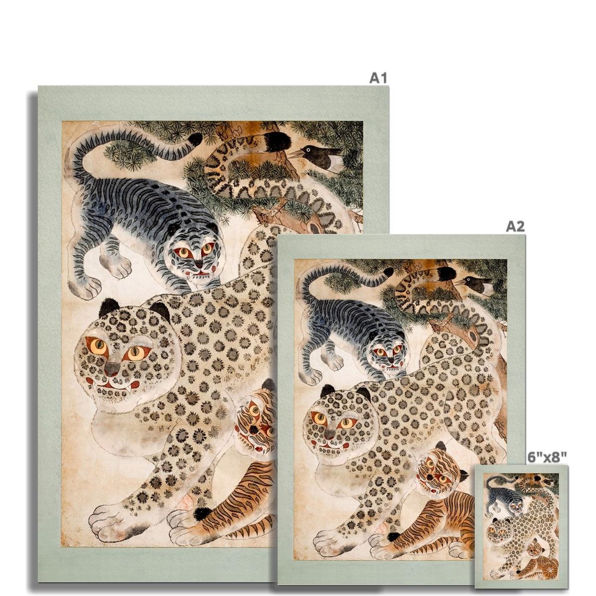 Tiger and Leopard Korean Folk Art | Cute Kawai Kids' Room Nursery Decor | Vintage Wildlife Jungle Fine Art Print