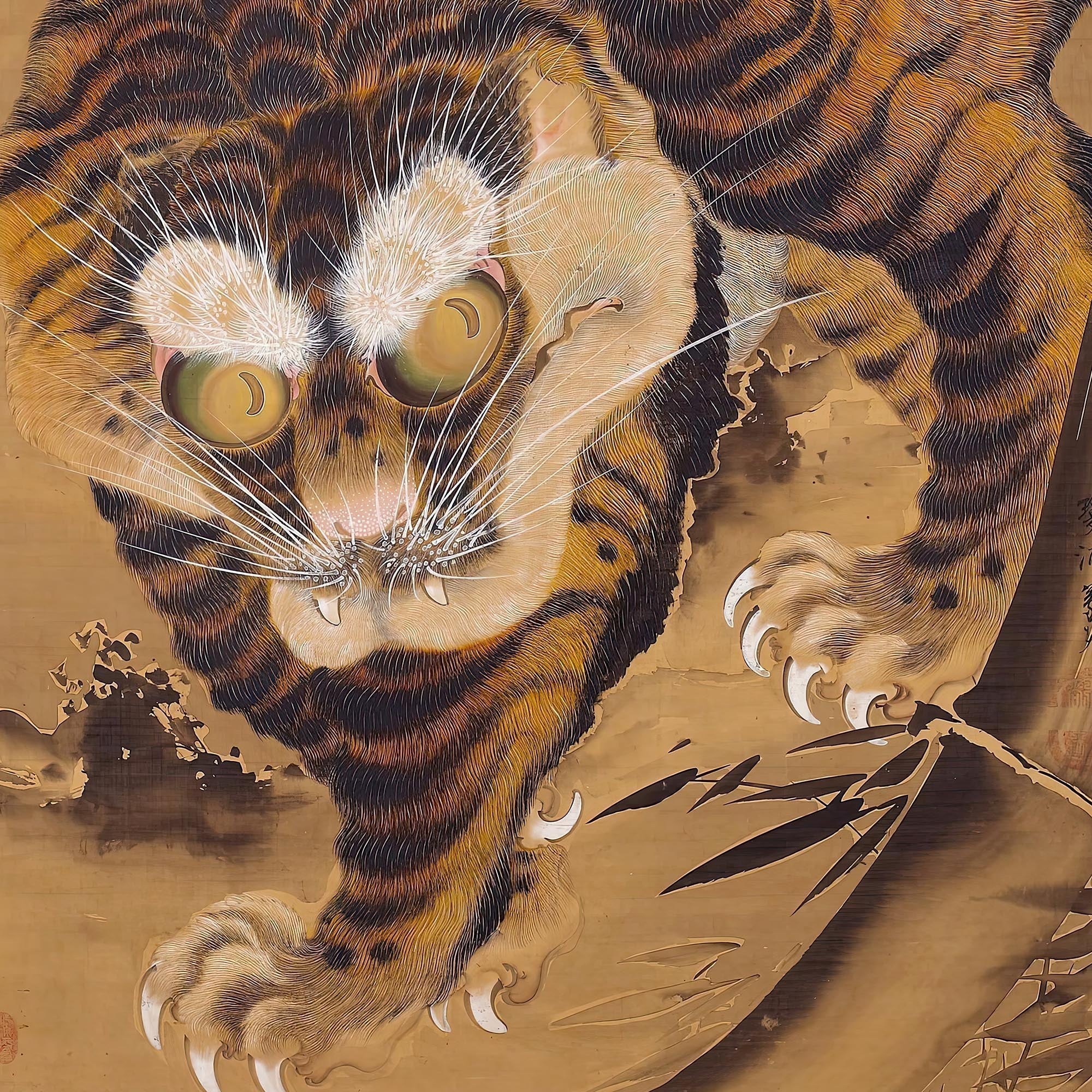 Fine art A4 Portrait / Black Frame Tiger Emerging from Bamboo, Late 18th century Japanese Silk Painting | Katayama Yōkoku Ukiyo-e Fine Art Print with Hanger