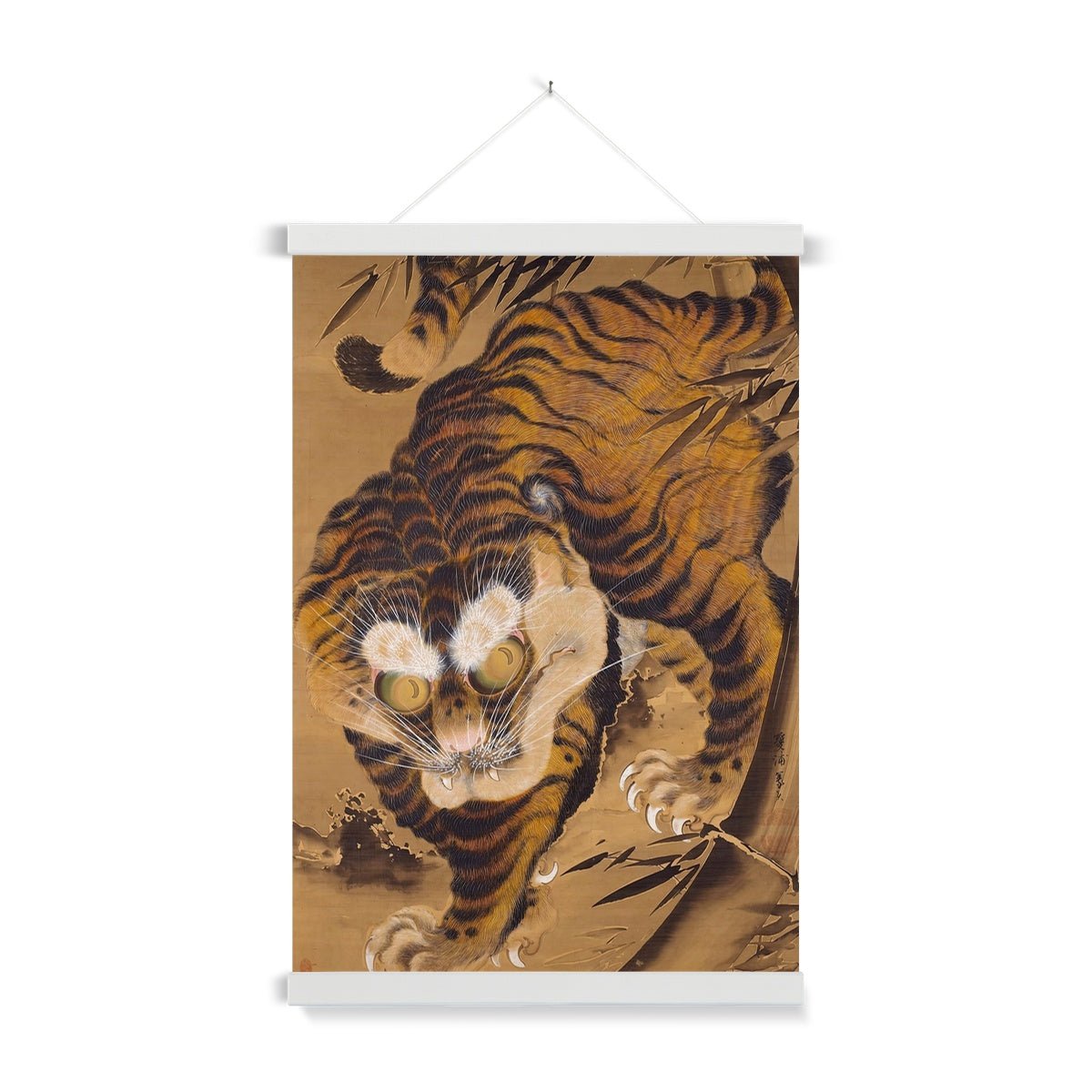 Fine art A4 Portrait / White Frame Tiger Emerging from Bamboo, Late 18th century Japanese Silk Painting | Katayama Yōkoku Ukiyo-e Fine Art Print with Hanger