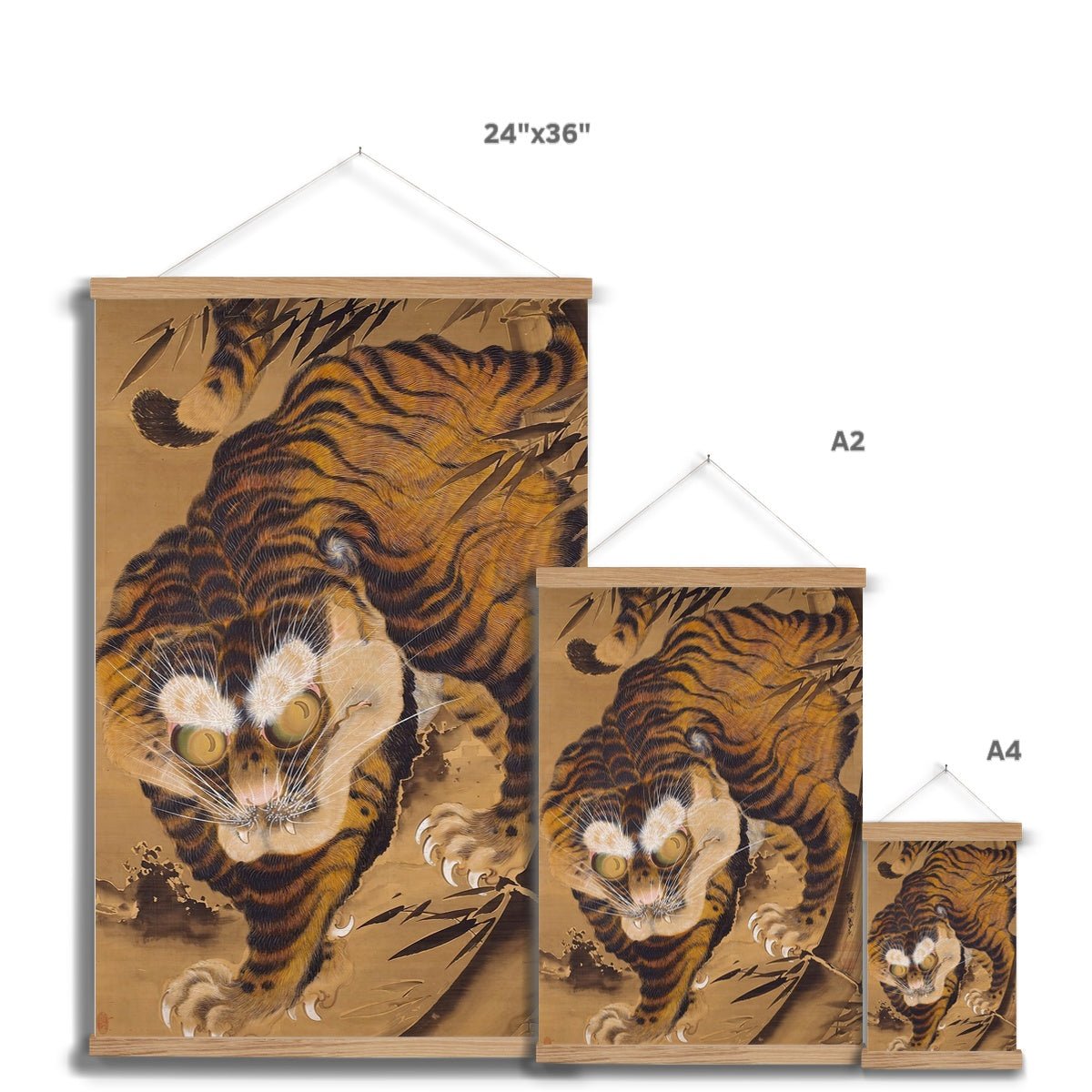 Tiger Emerging from Bamboo, Late 18th century Japanese Silk Painting | Katayama Yōkoku Ukiyo-e Fine Art Print with Hanger