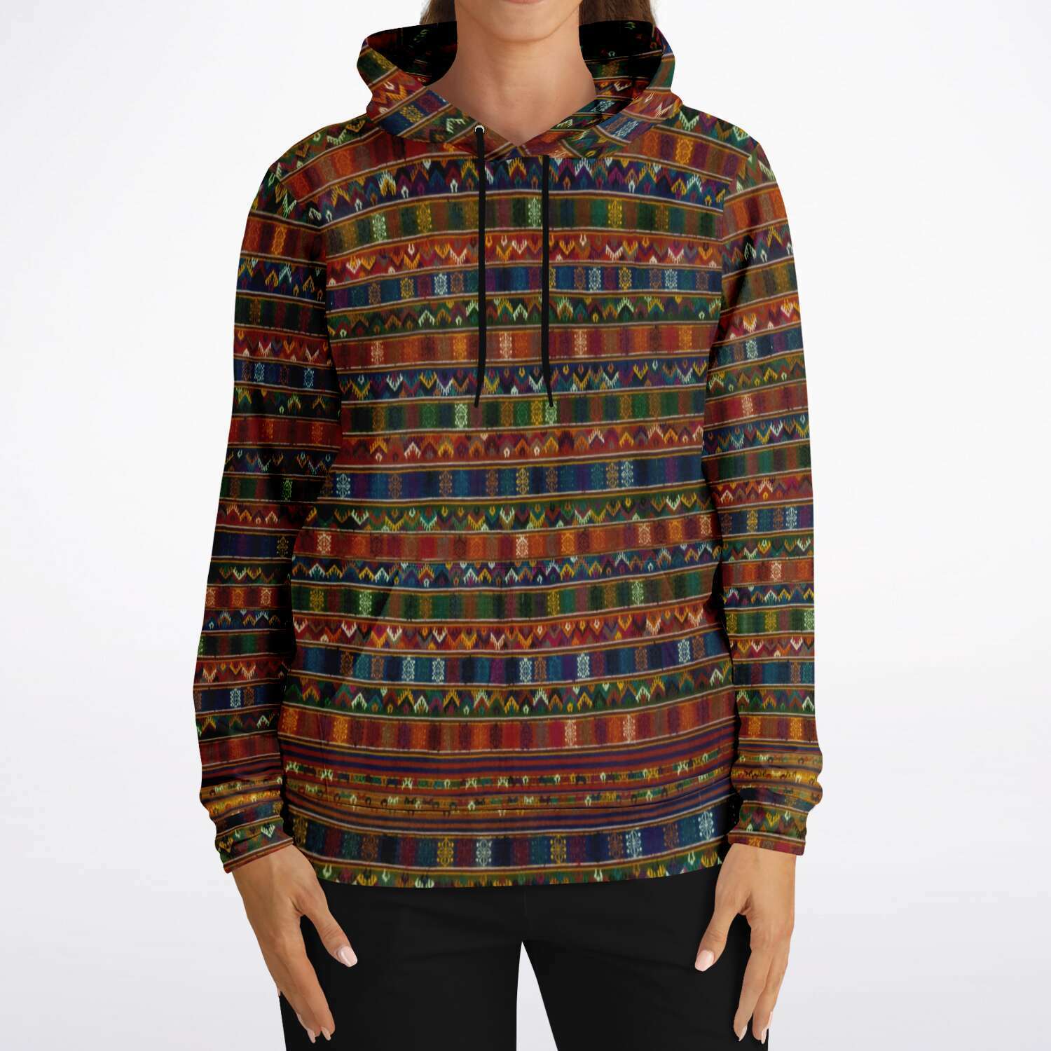 Fashion Hoodie - AOP Traditional Woven Kira Tribe Hoodie | Bhutan Himalayan Folk Style | Vintage Style Pullover Hoodie